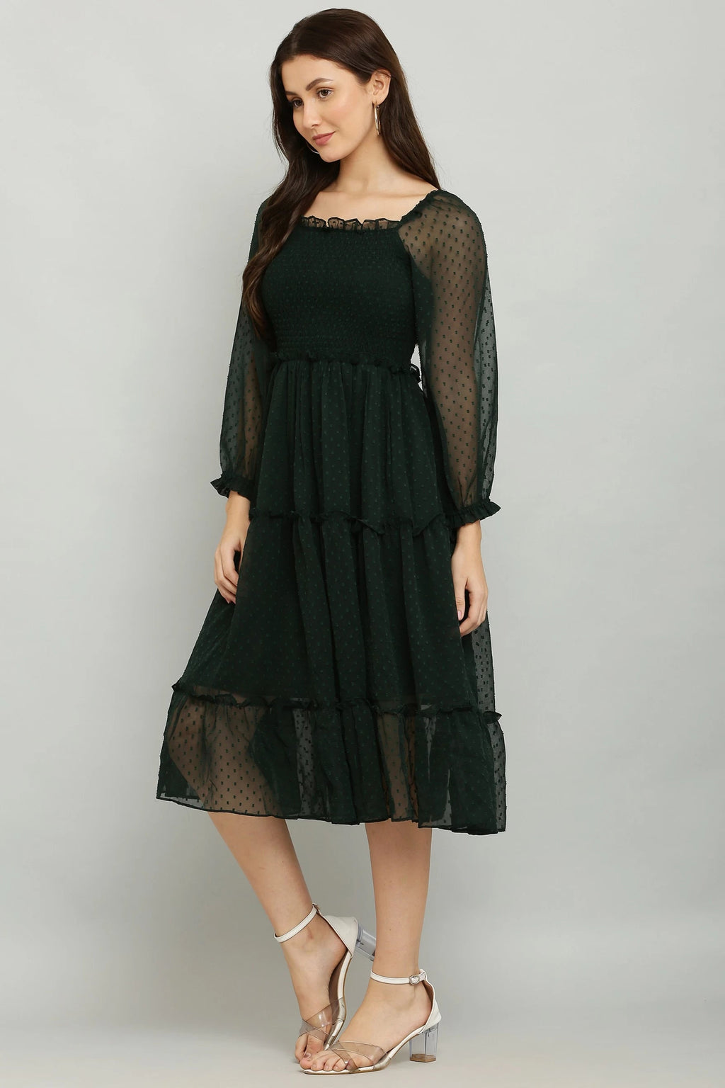 Women's Elegant Georgette Midi Dress - Chic & Comfortable (Green)