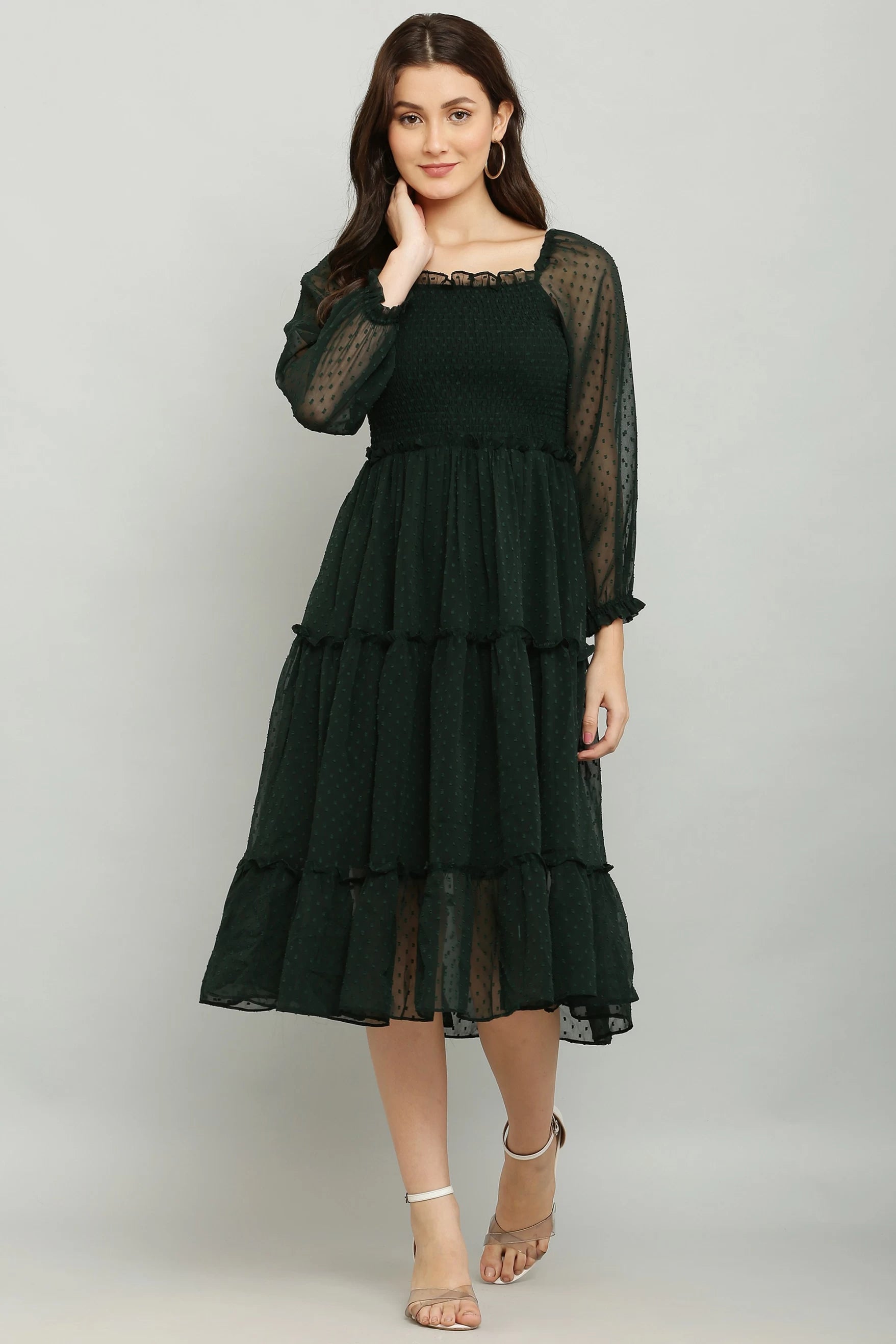 Women's Elegant Georgette Midi Dress - Chic & Comfortable (Green)