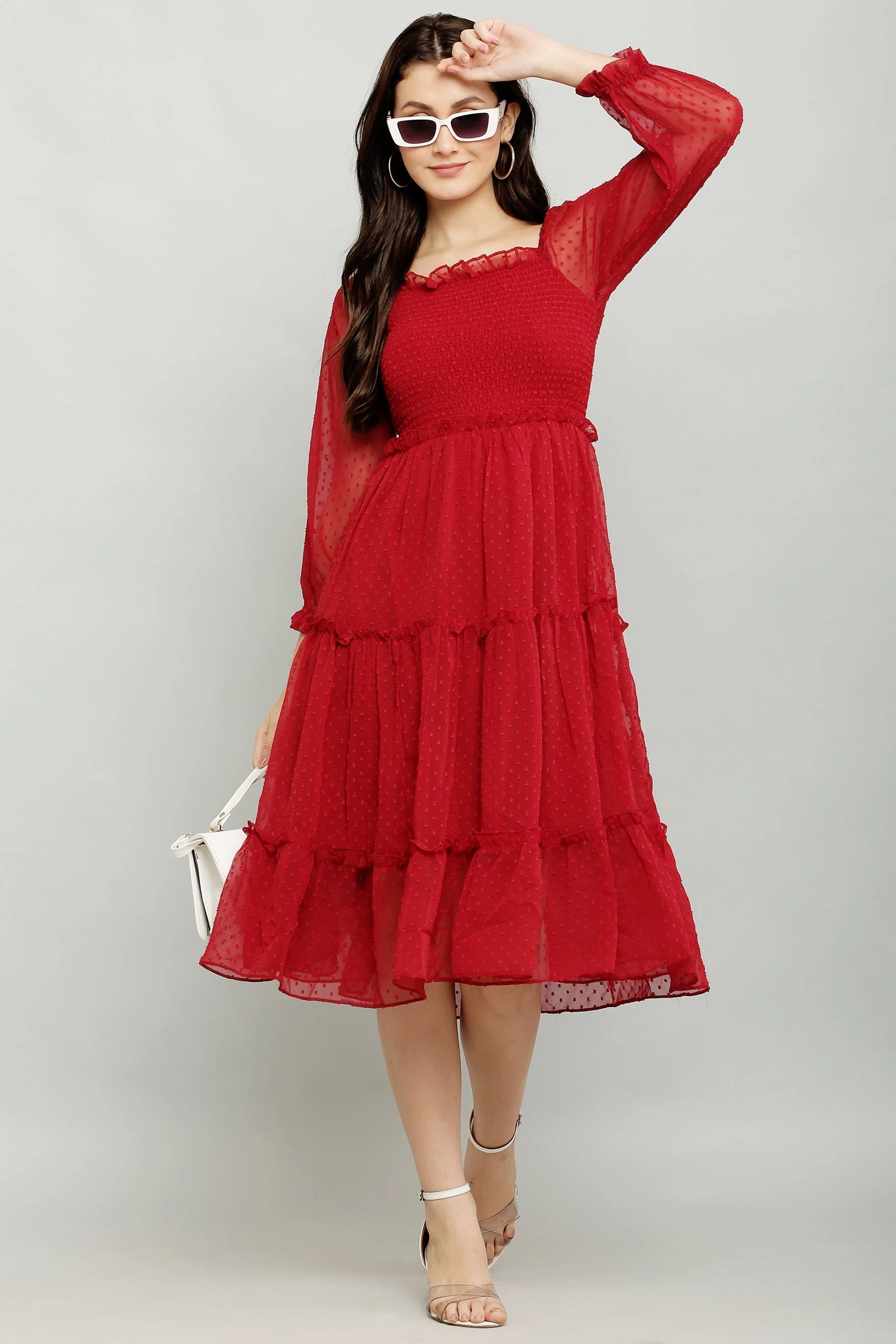 Women's Elegant Georgette Midi Dress - Chic & Comfortable (Red)
