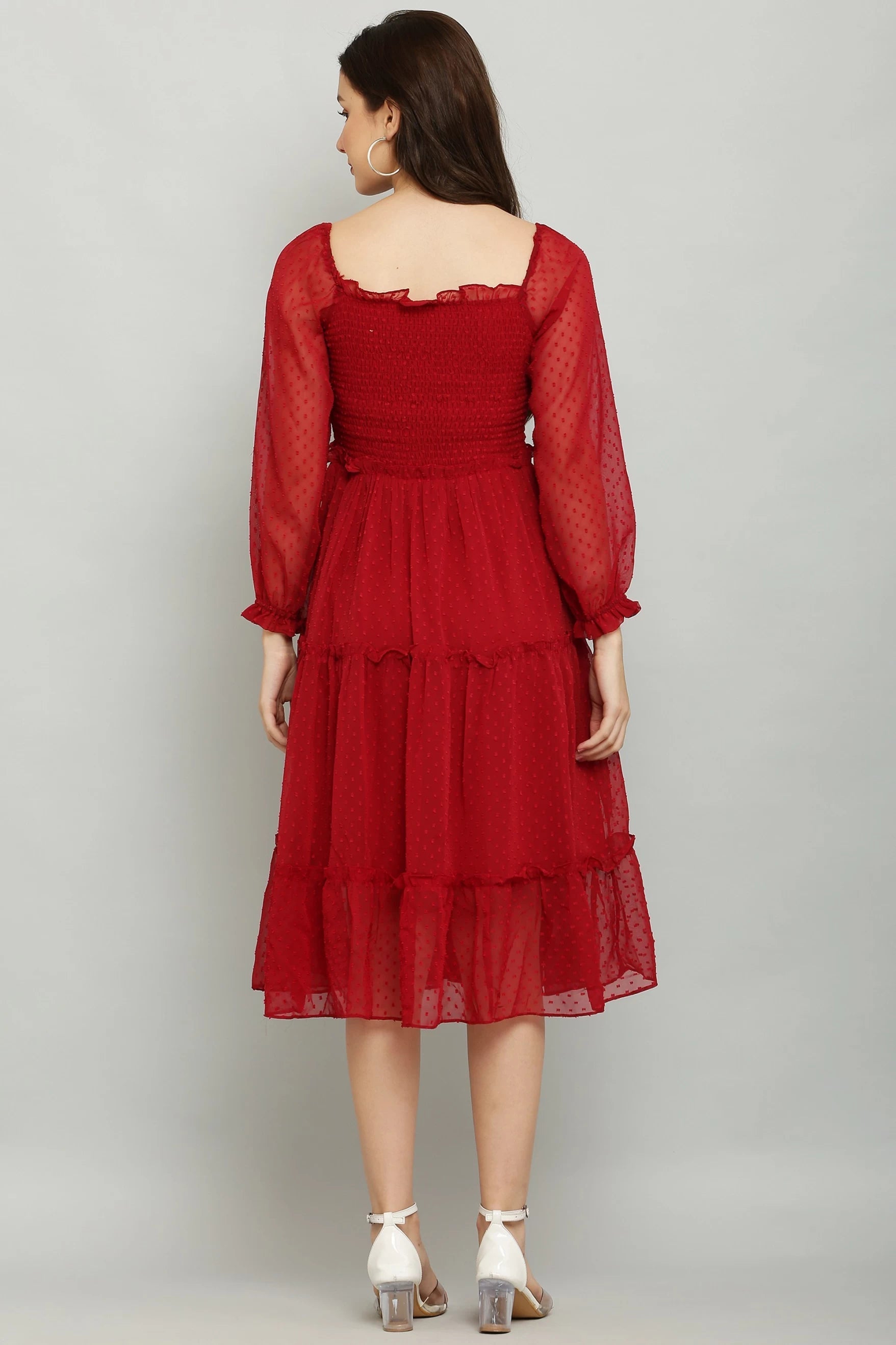 Women's Elegant Georgette Midi Dress - Chic & Comfortable (Red)