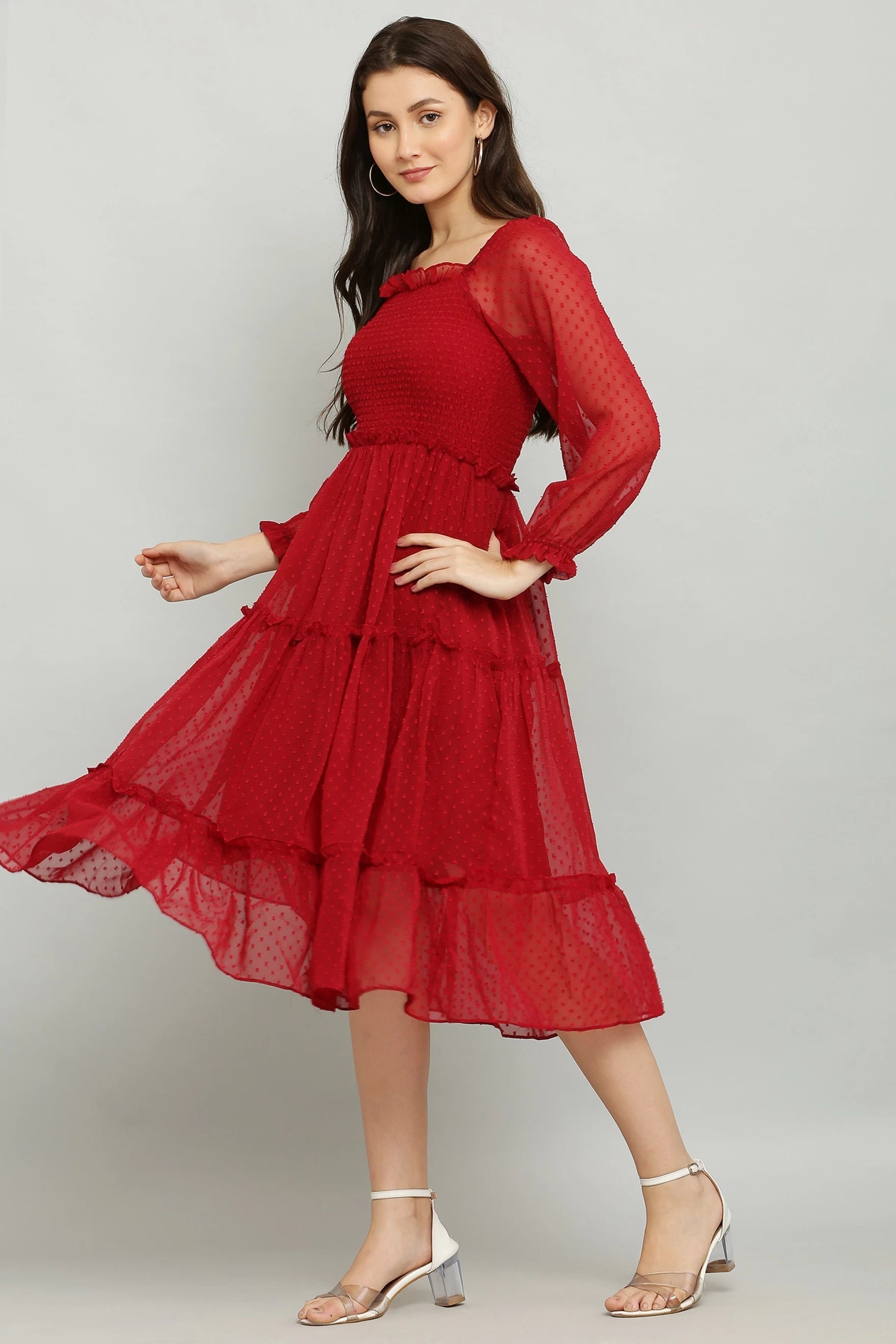 Women's Elegant Georgette Midi Dress - Chic & Comfortable (Red)
