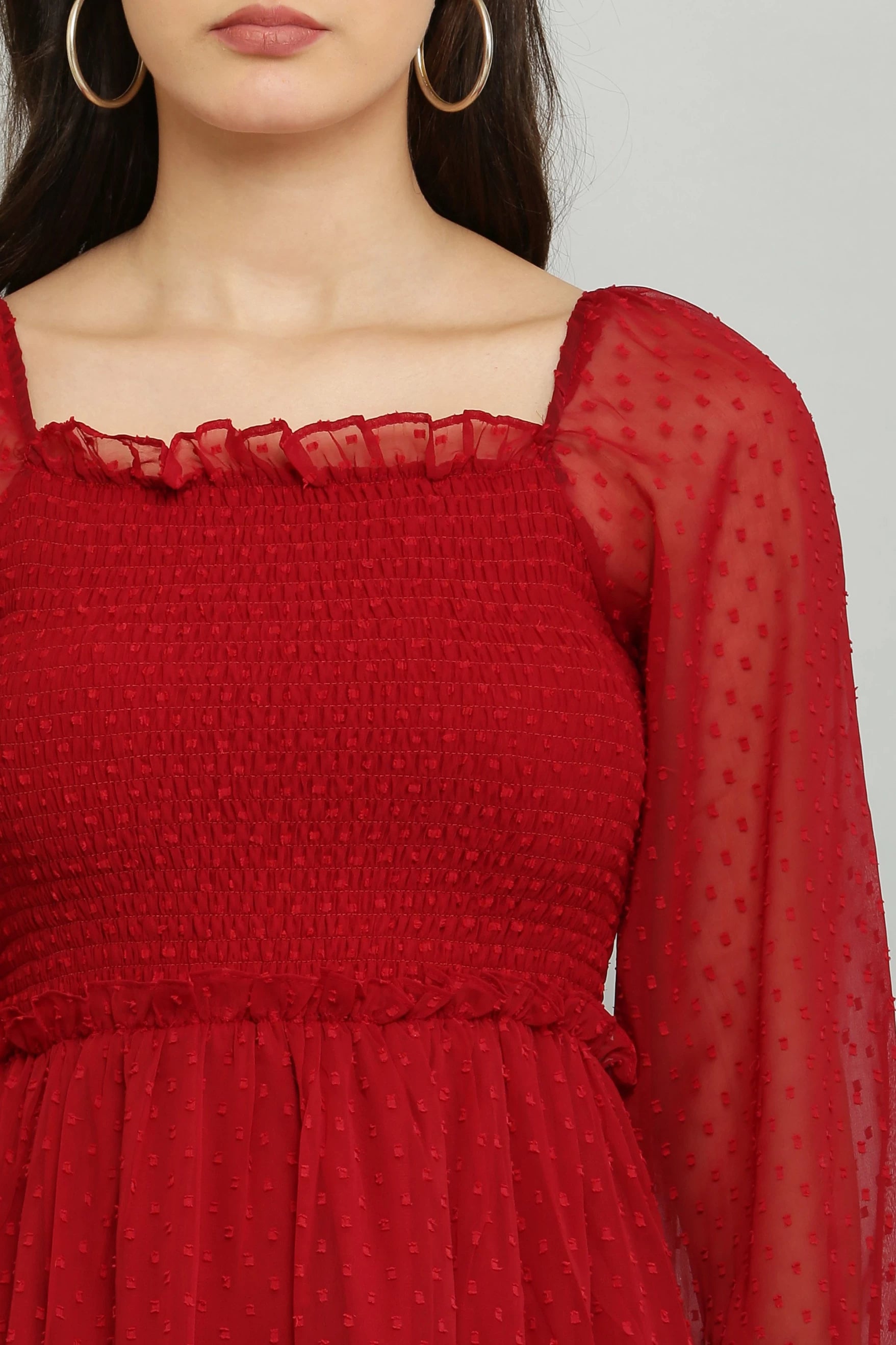 Women's Elegant Georgette Midi Dress - Chic & Comfortable (Red)