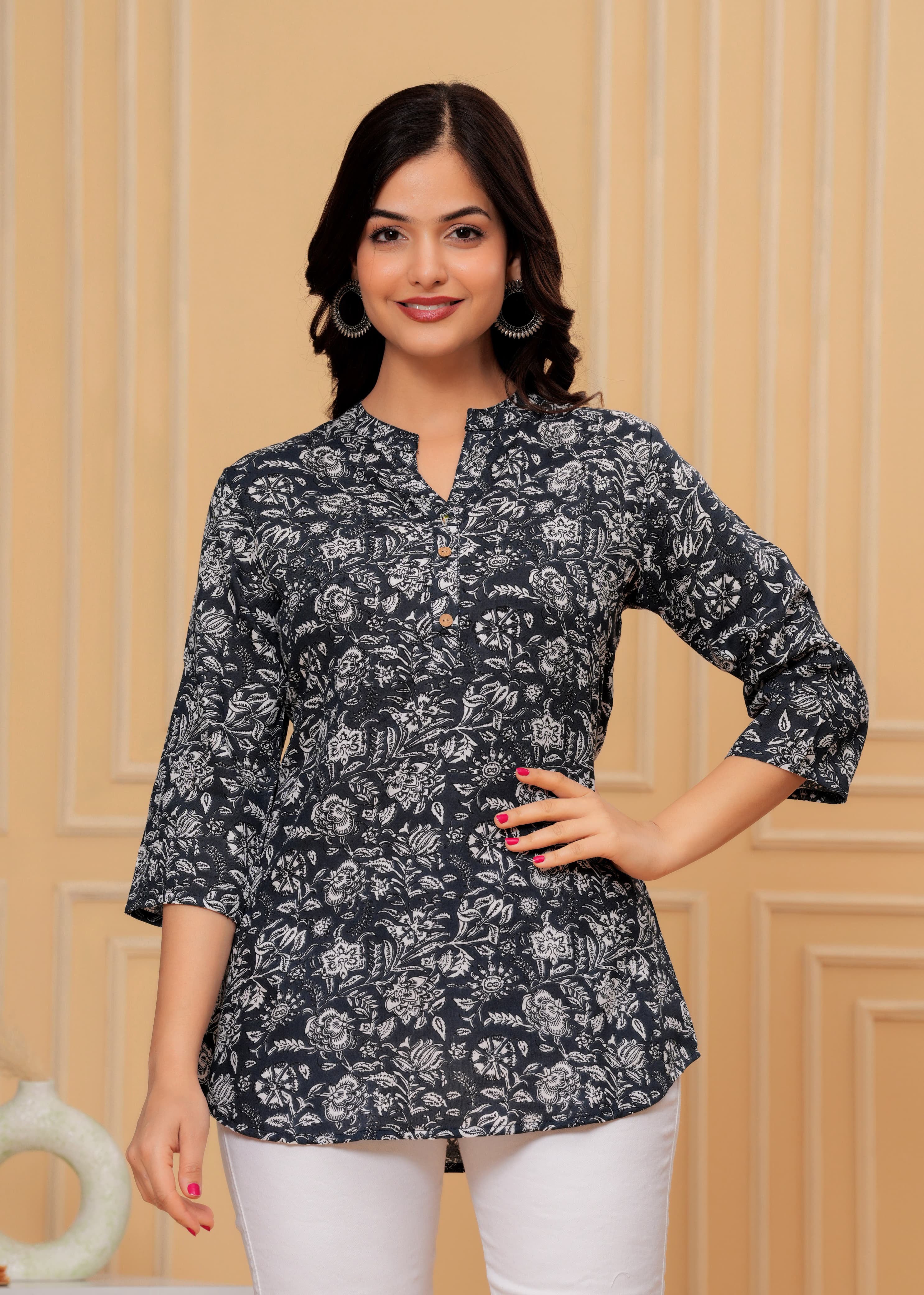MANITRA Black Floral Printed Short Style Kurti Women's Block Print Tunic Top