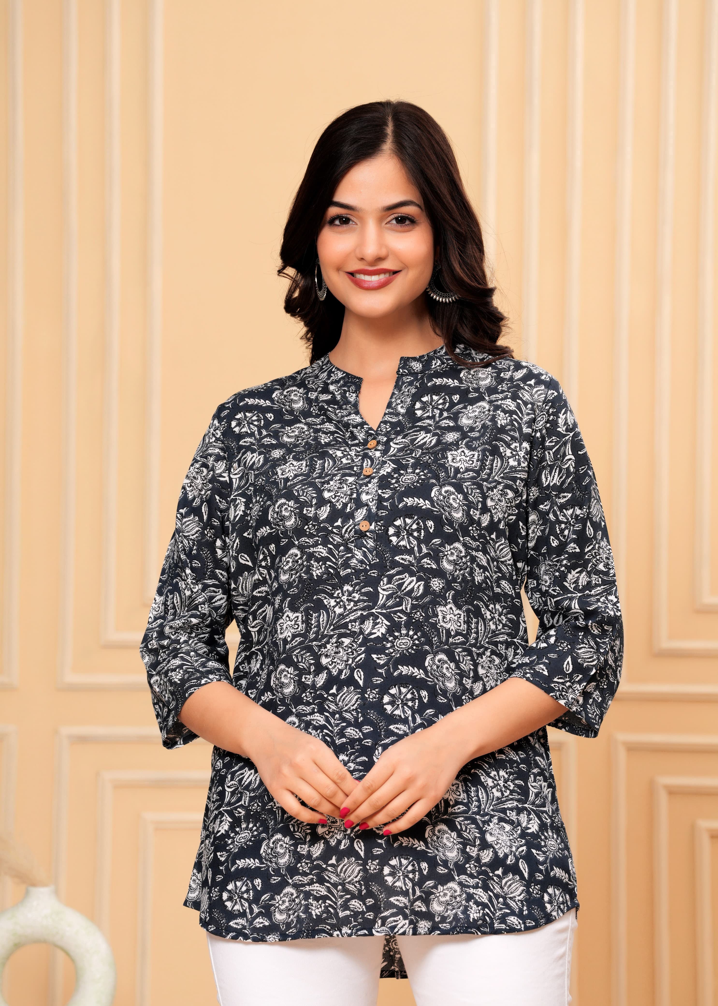 MANITRA Black Floral Printed Short Style Kurti Women's Block Print Tunic Top
