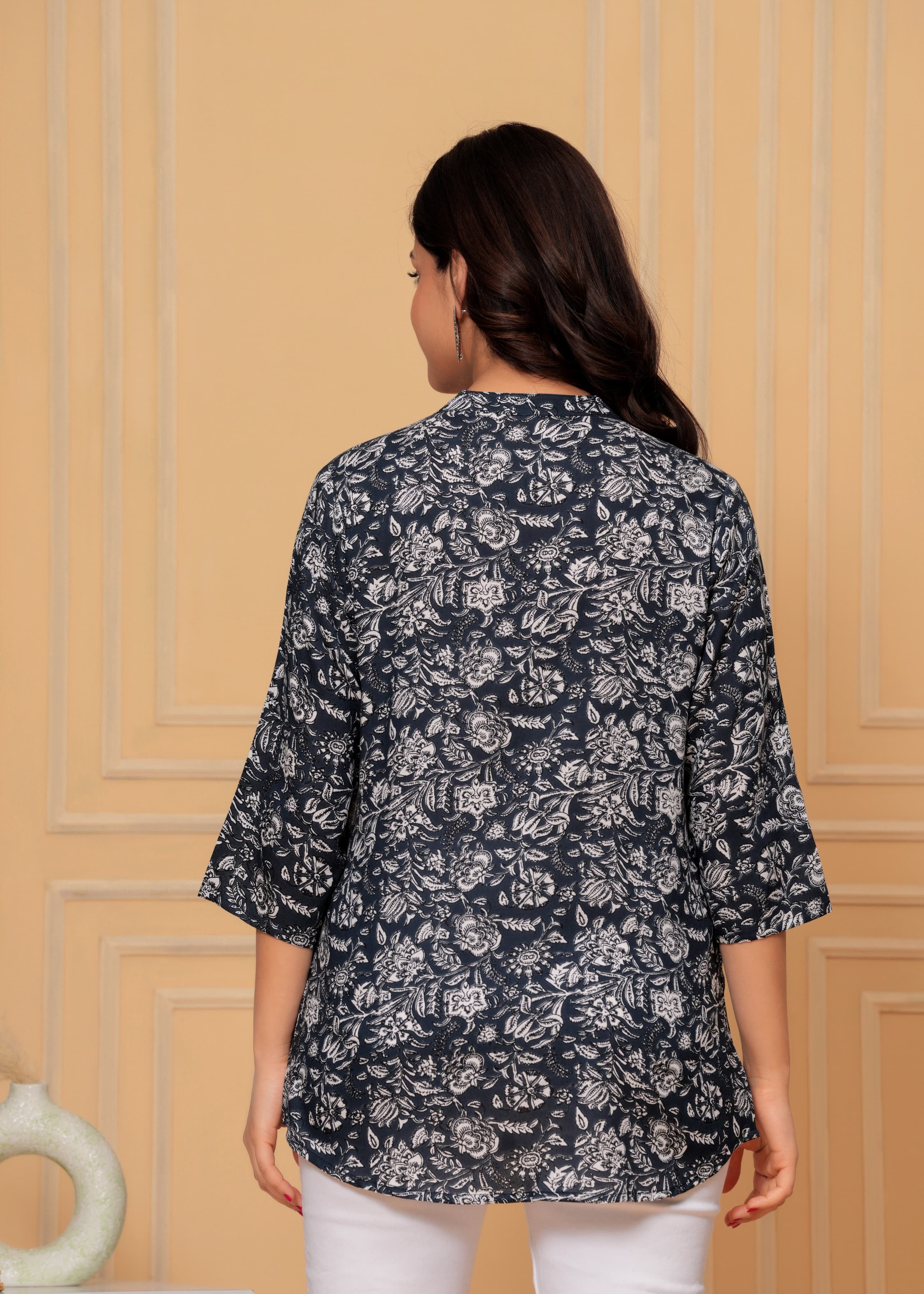 MANITRA Black Floral Printed Short Style Kurti Women's Block Print Tunic Top