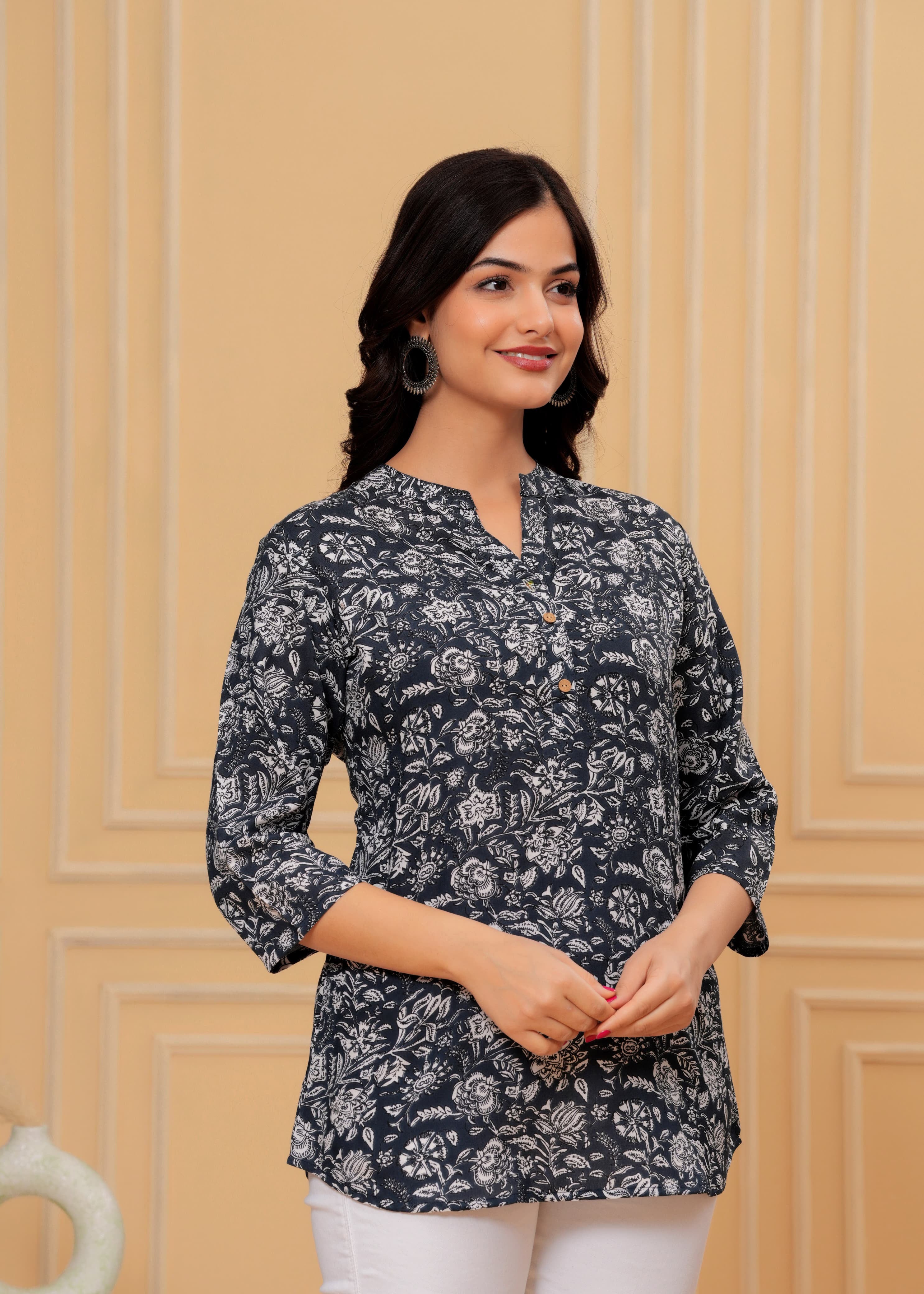 MANITRA Black Floral Printed Short Style Kurti Women's Block Print Tunic Top