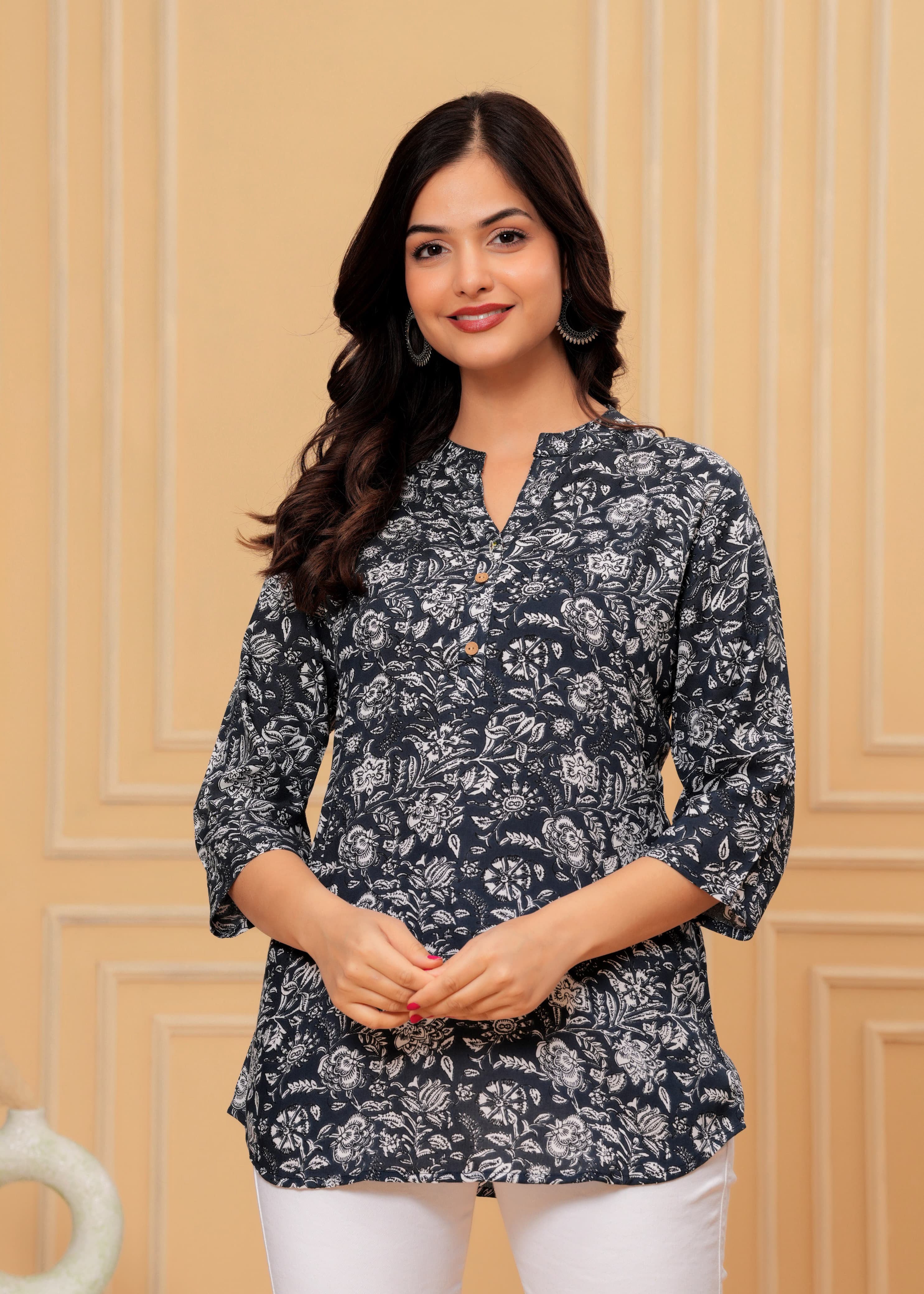 MANITRA Black Floral Printed Short Style Kurti Women's Block Print Tunic Top