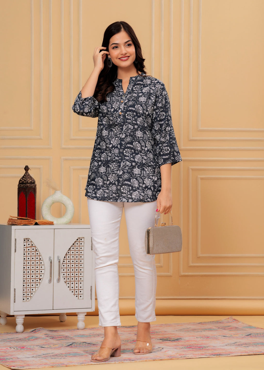 MANITRA Black Floral Printed Short Style Kurti Women's Block Print Tunic Top