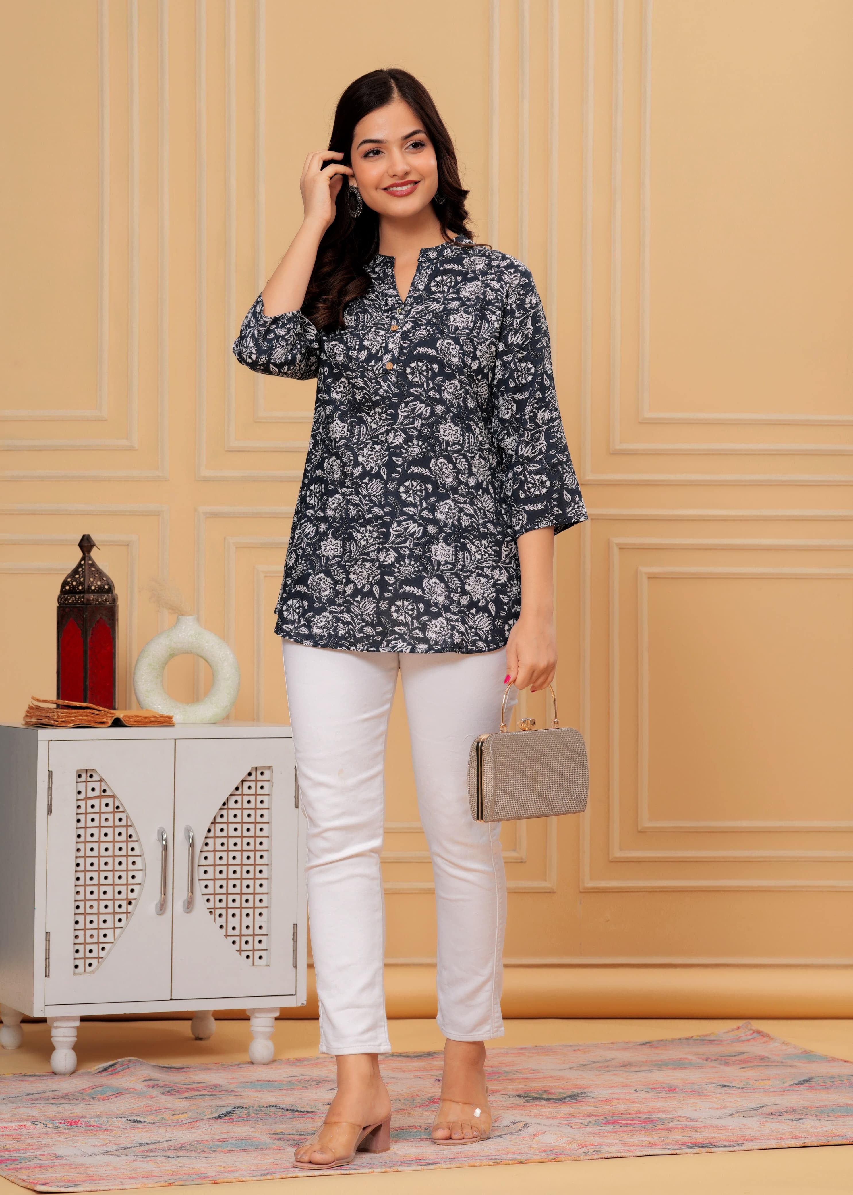 MANITRA Black Floral Printed Short Style Kurti Women's Block Print Tunic Top