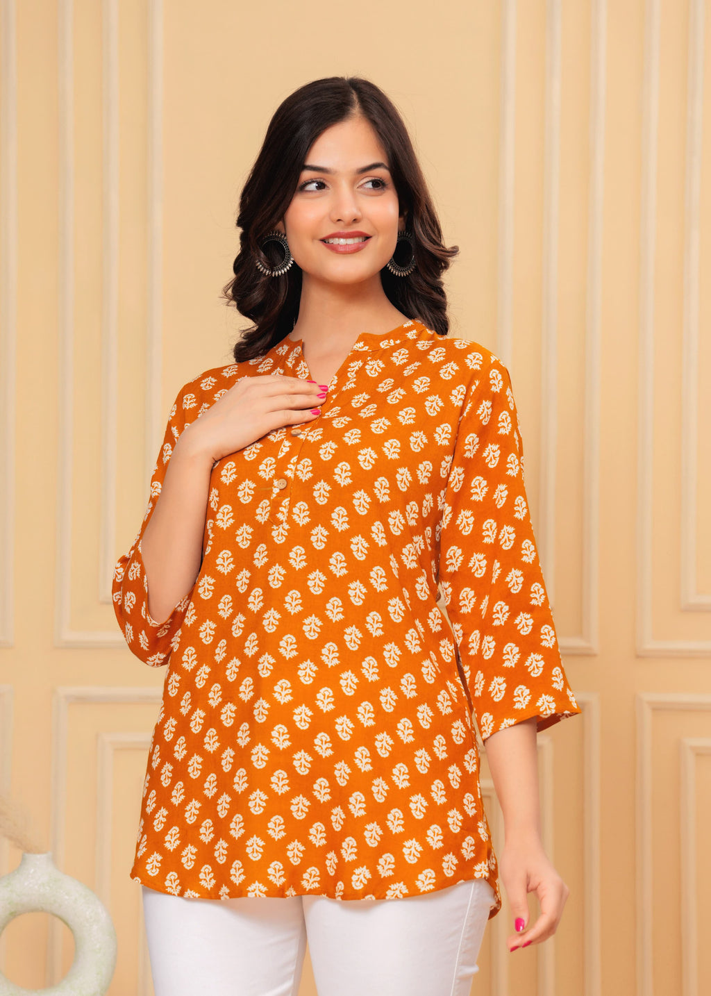 MANITRA Orange Floral Printed Short Style Kurti Women's Block Print Tunic Top