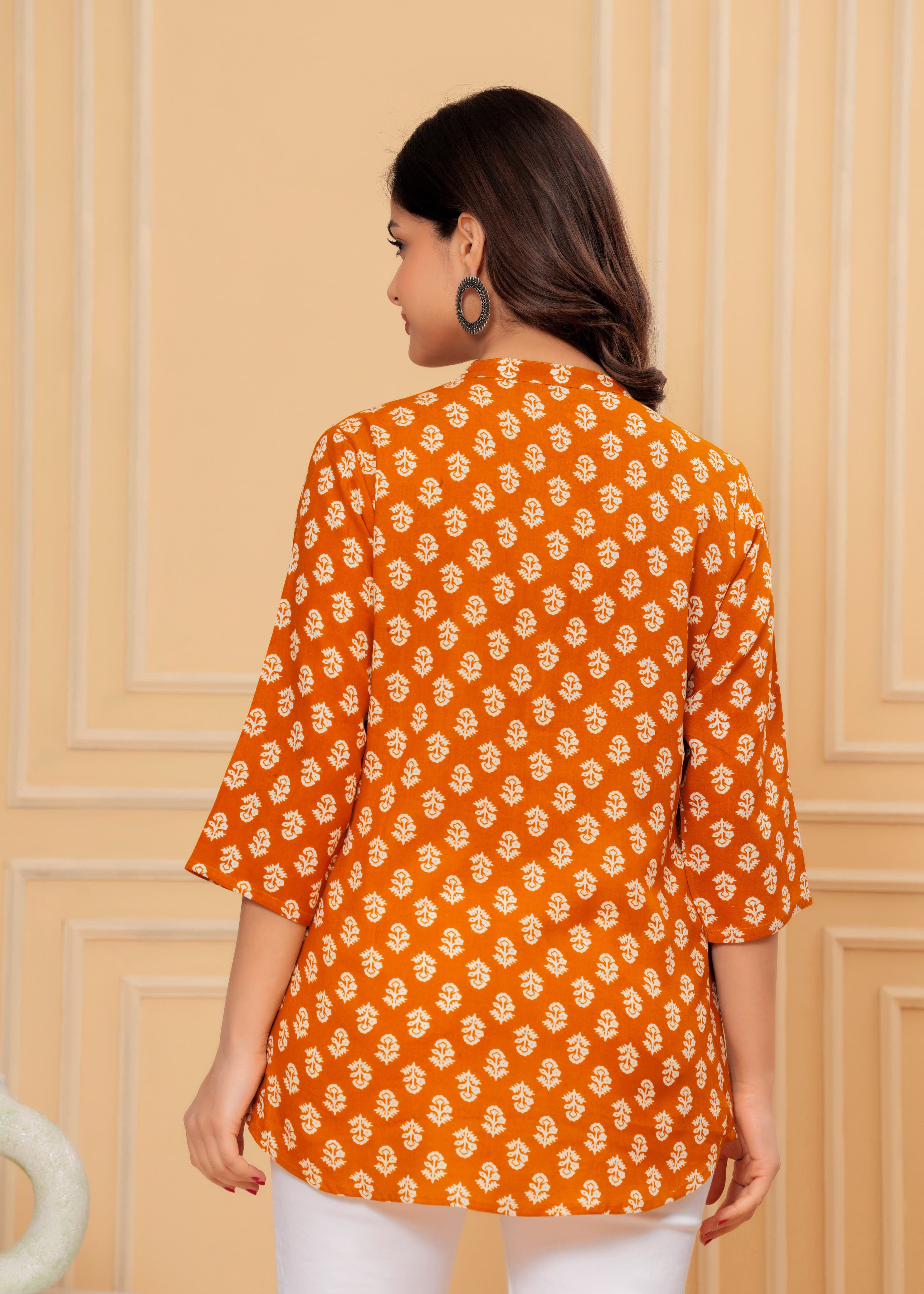 MANITRA Orange Floral Printed Short Style Kurti Women's Block Print Tunic Top