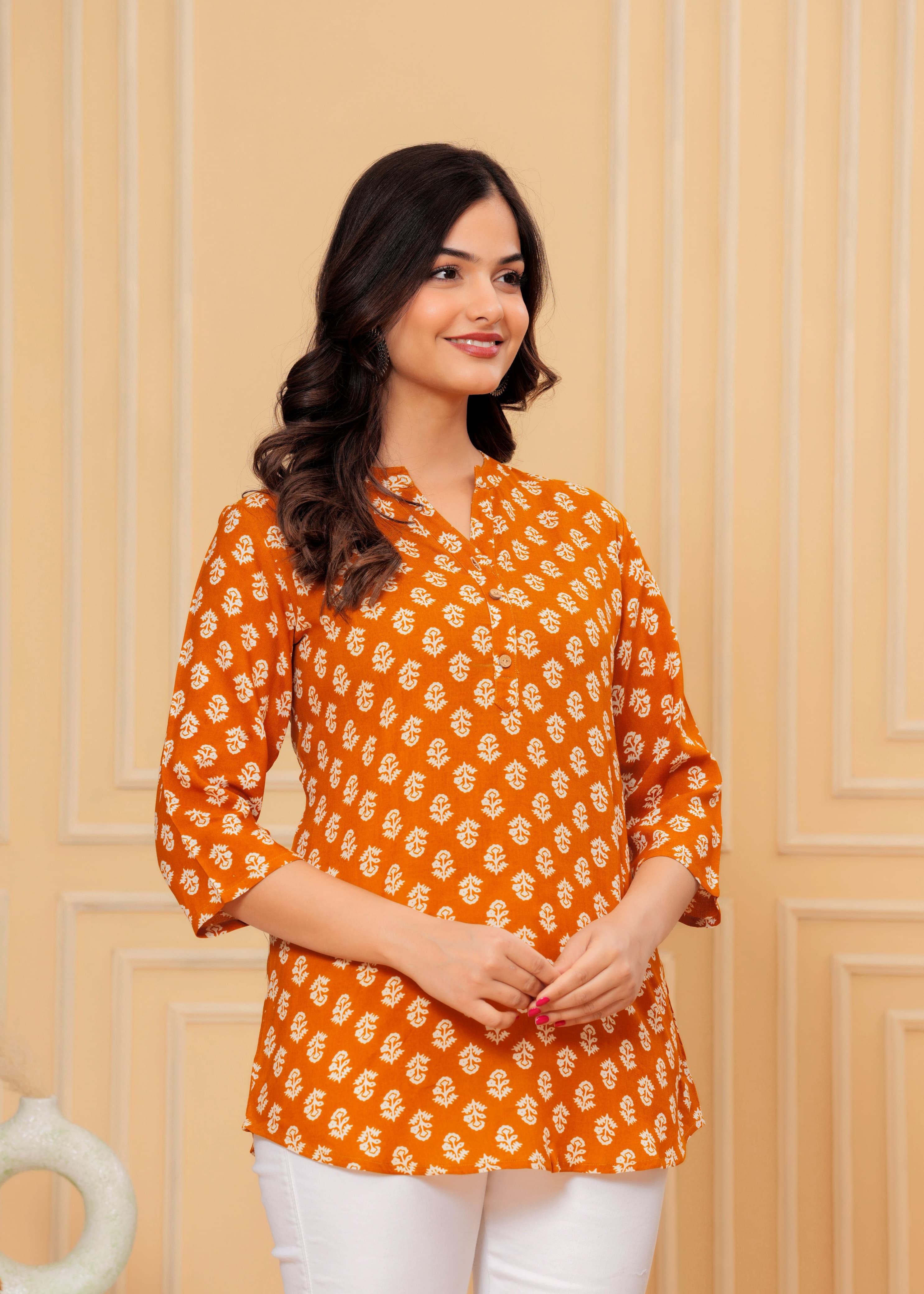 MANITRA Orange Floral Printed Short Style Kurti Women's Block Print Tunic Top