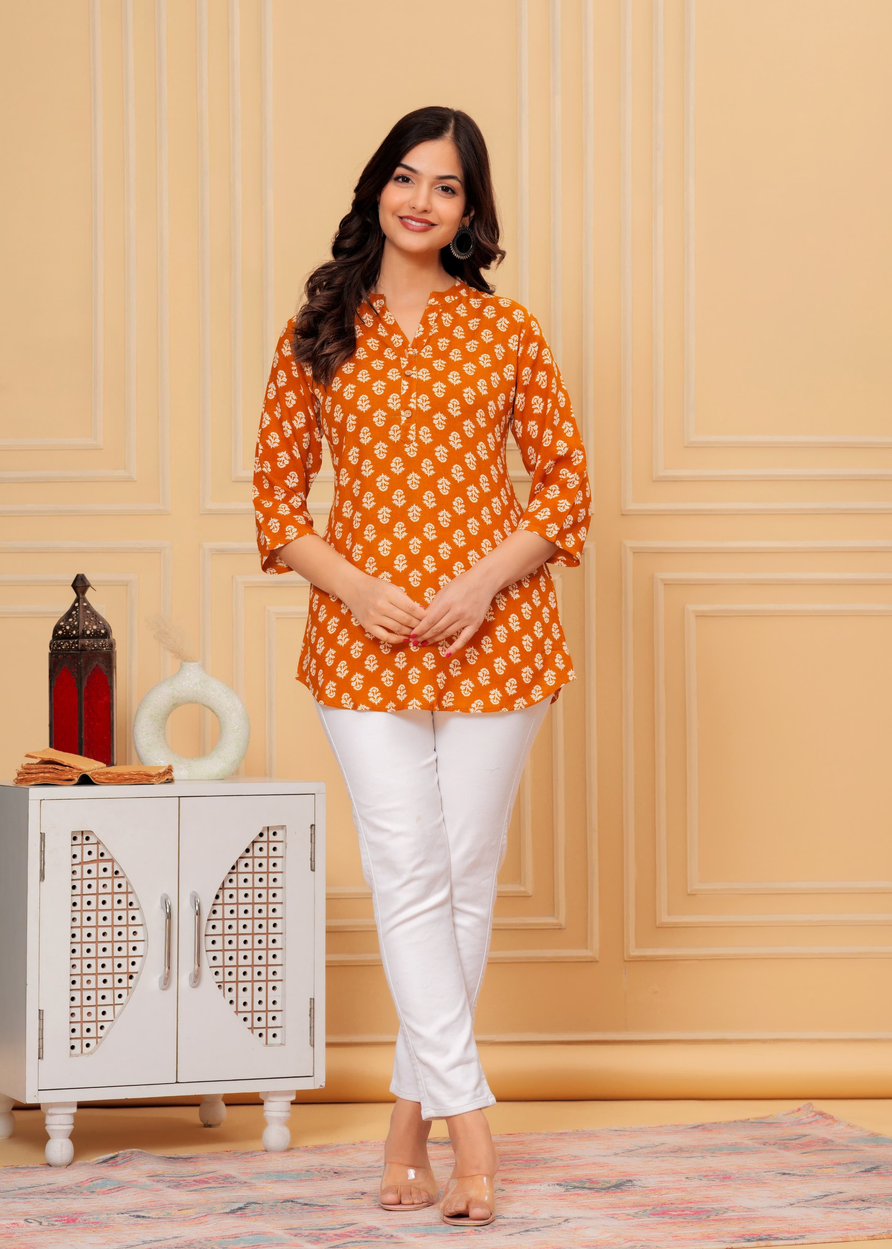 MANITRA Orange Floral Printed Short Style Kurti Women's Block Print Tunic Top