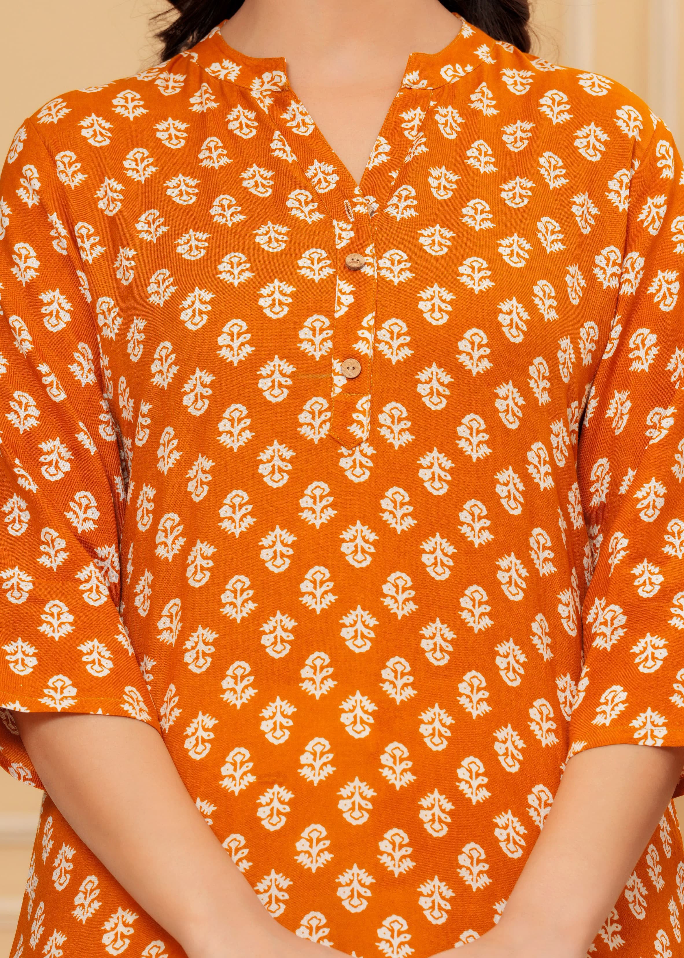 MANITRA Orange Floral Printed Short Style Kurti Women's Block Print Tunic Top