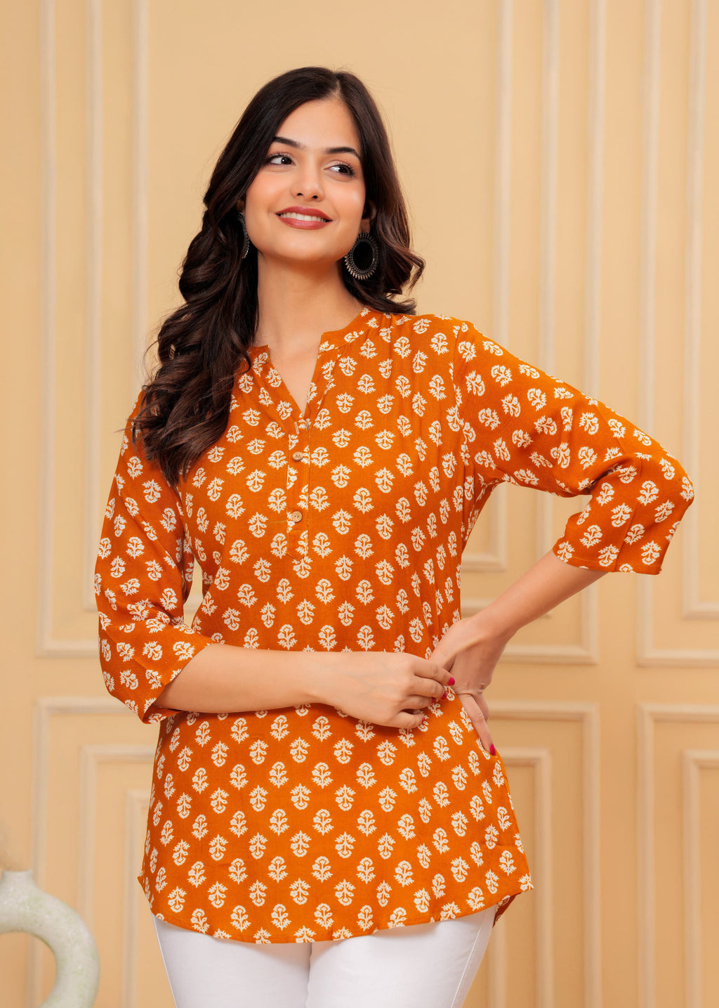 MANITRA Orange Floral Printed Short Style Kurti Women's Block Print Tunic Top