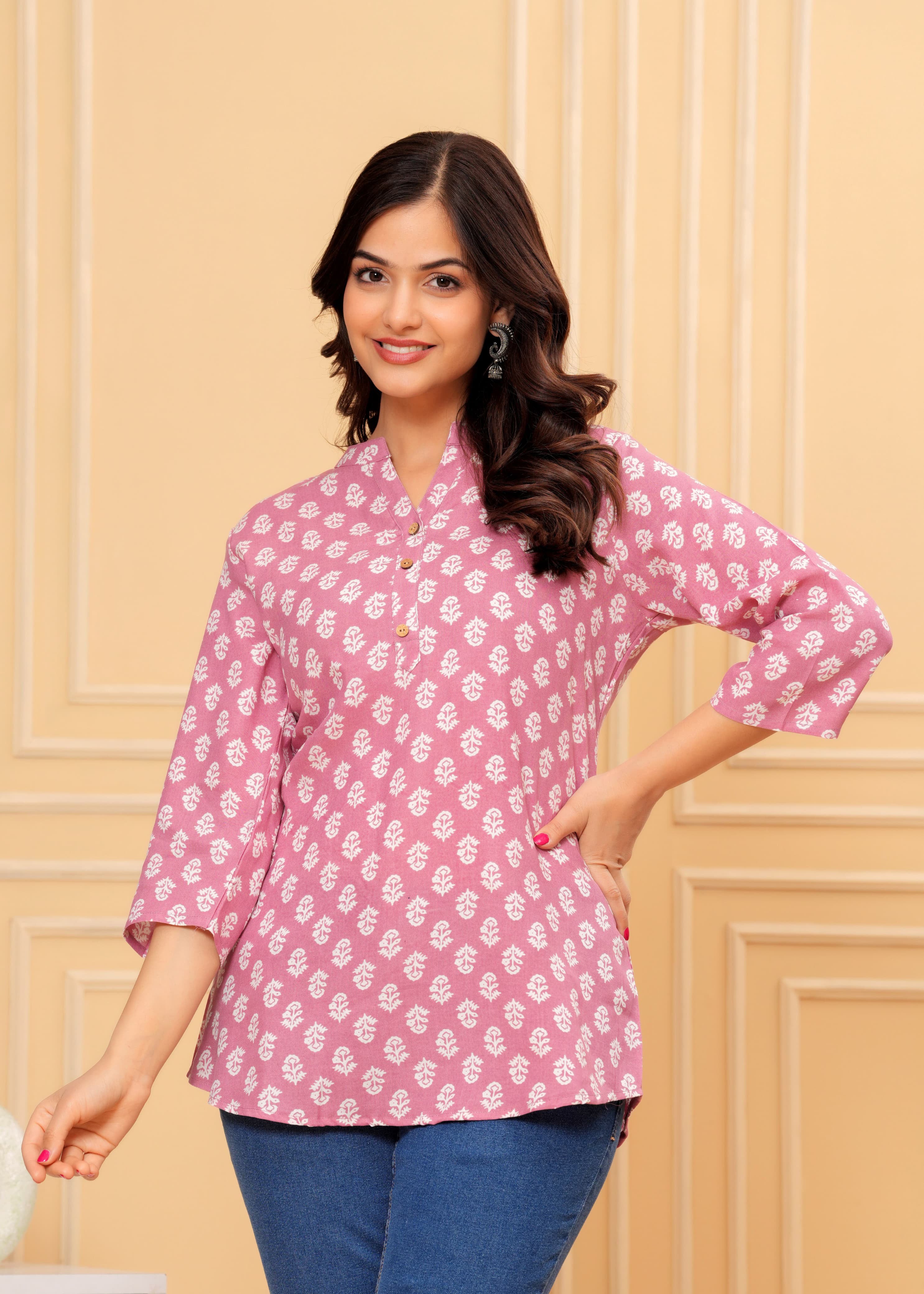 MANITRA Pink Floral Printed Short Style Kurti Women's Block Print Tunic Top