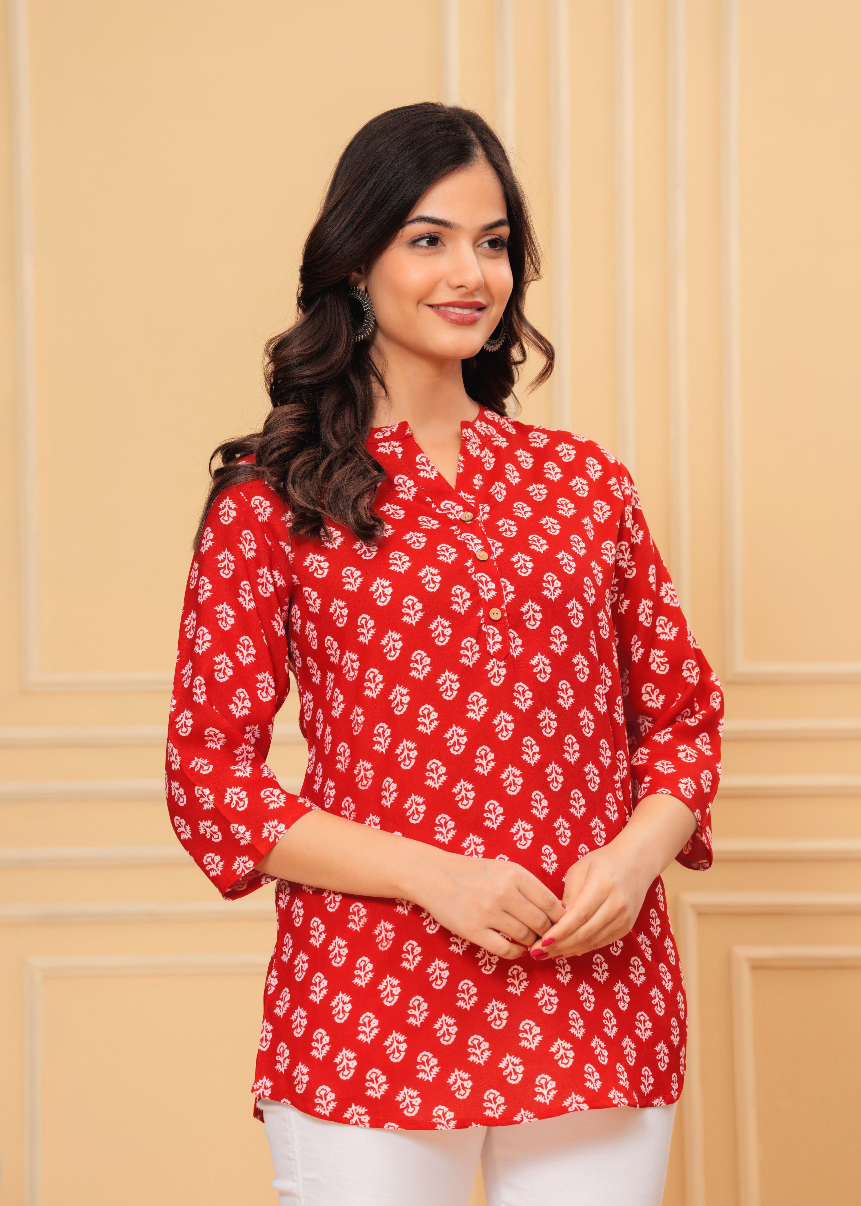 MANITRA Red Floral Printed Short Style Kurti Women's Block Print Tunic Top