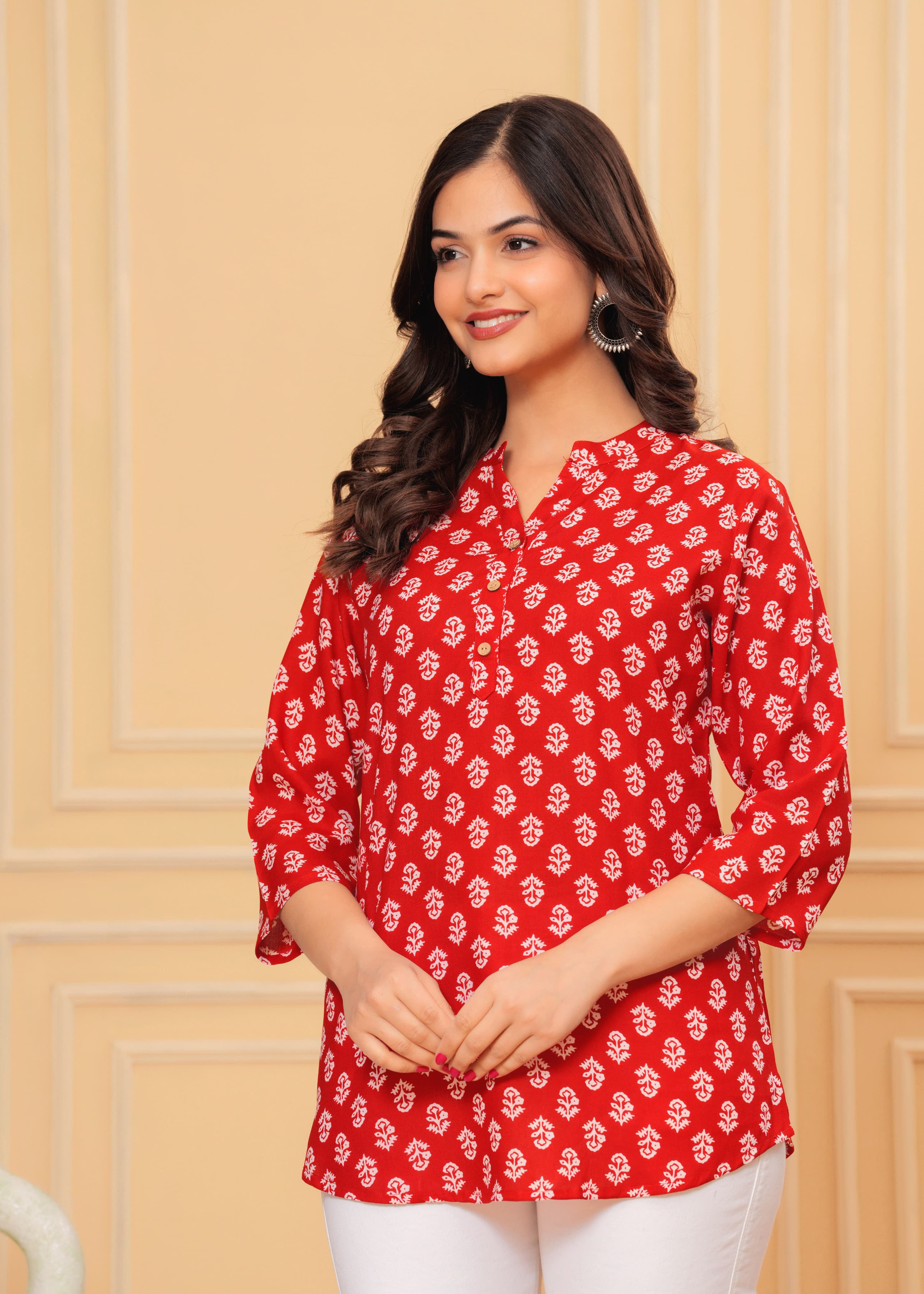 MANITRA Red Floral Printed Short Style Kurti Women's Block Print Tunic Top