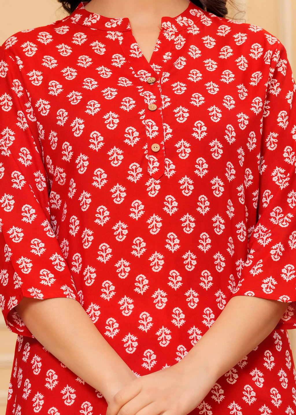 MANITRA Red Floral Printed Short Style Kurti Women's Block Print Tunic Top