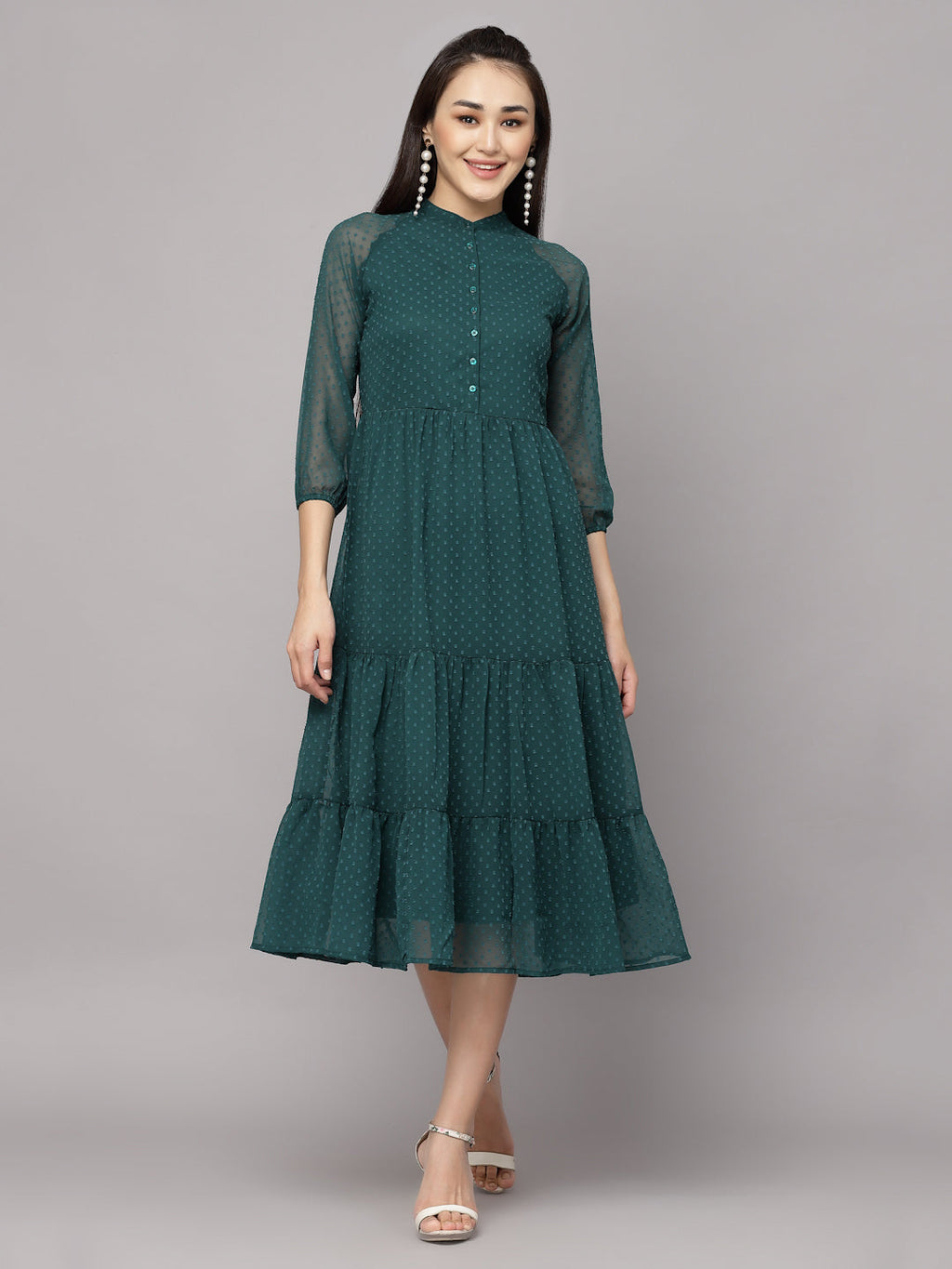 Elevate Your Style with MANITRA's Chic Fit and Flare White Dress (Green)