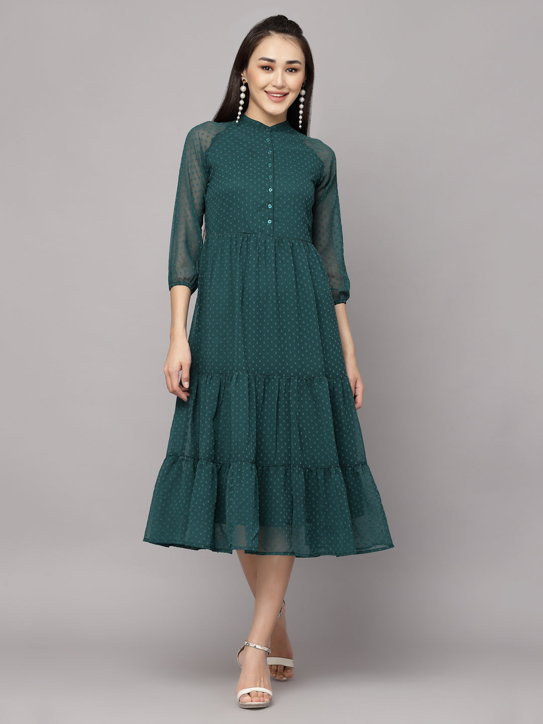 Elevate Your Style with MANITRA's Chic Fit and Flare White Dress (Green)