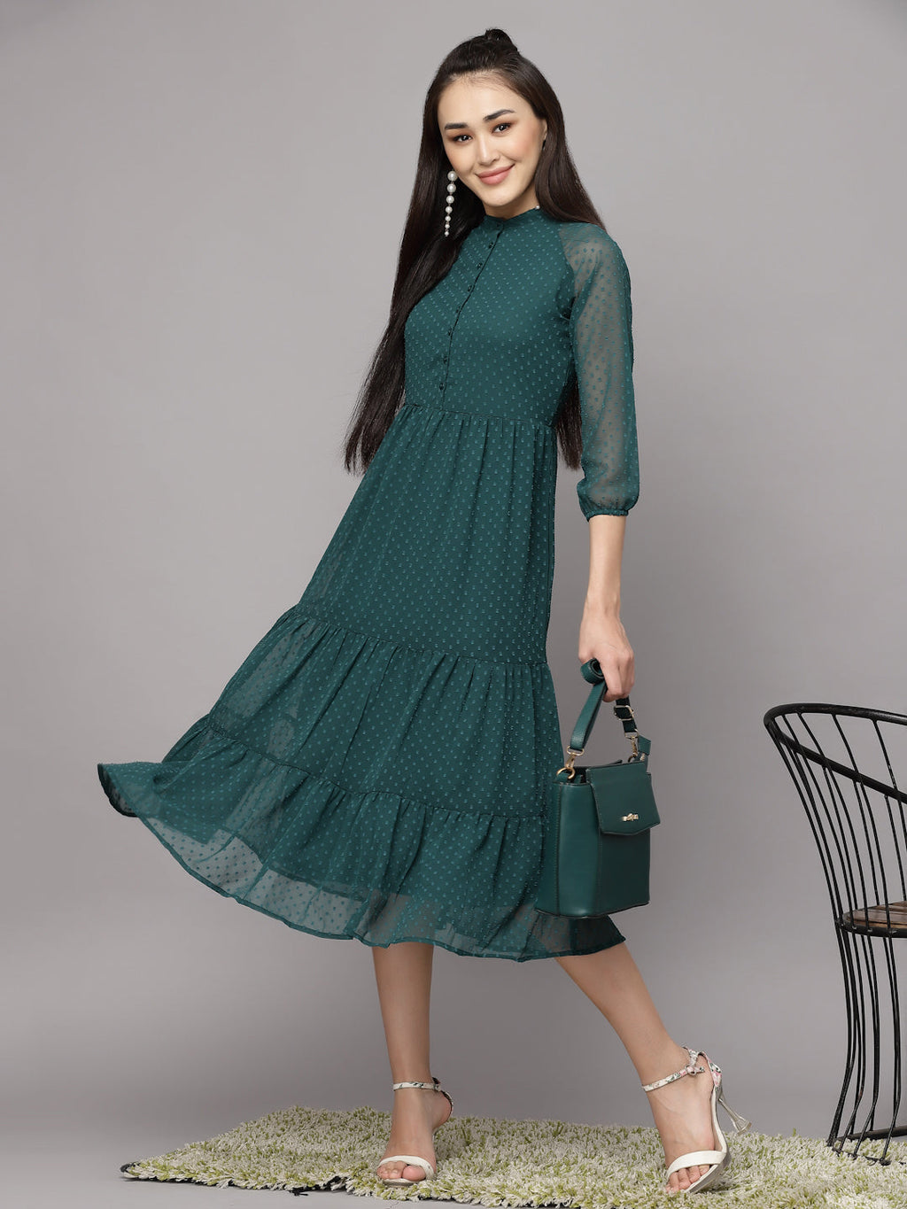 Elevate Your Style with MANITRA's Chic Fit and Flare White Dress (Green)