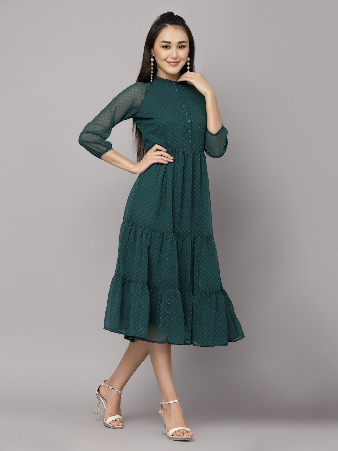 Elevate Your Style with MANITRA's Chic Fit and Flare White Dress (Green)
