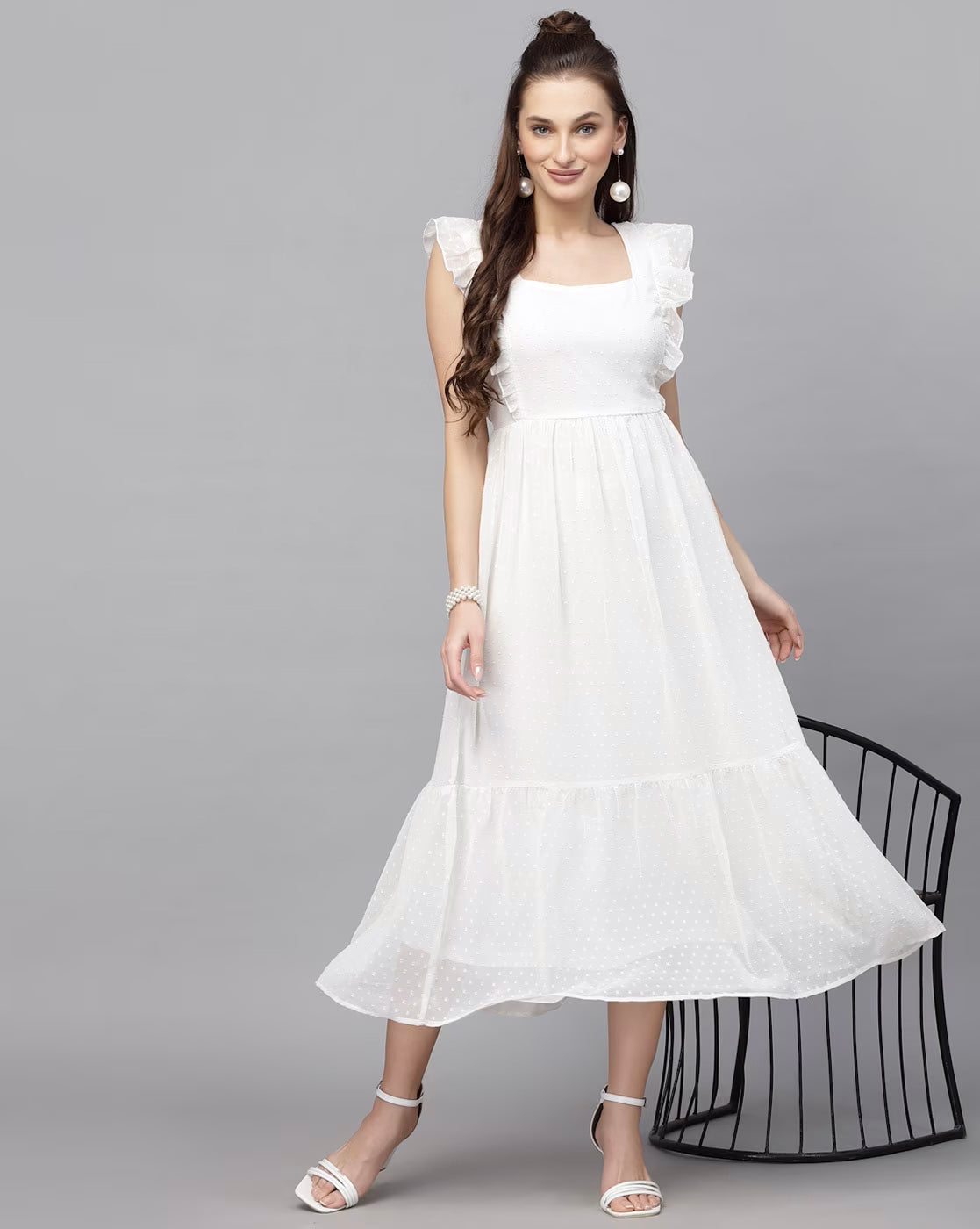 Georgette Butti Square Neck Stylish Knee Length Western Dresses for Women (White)