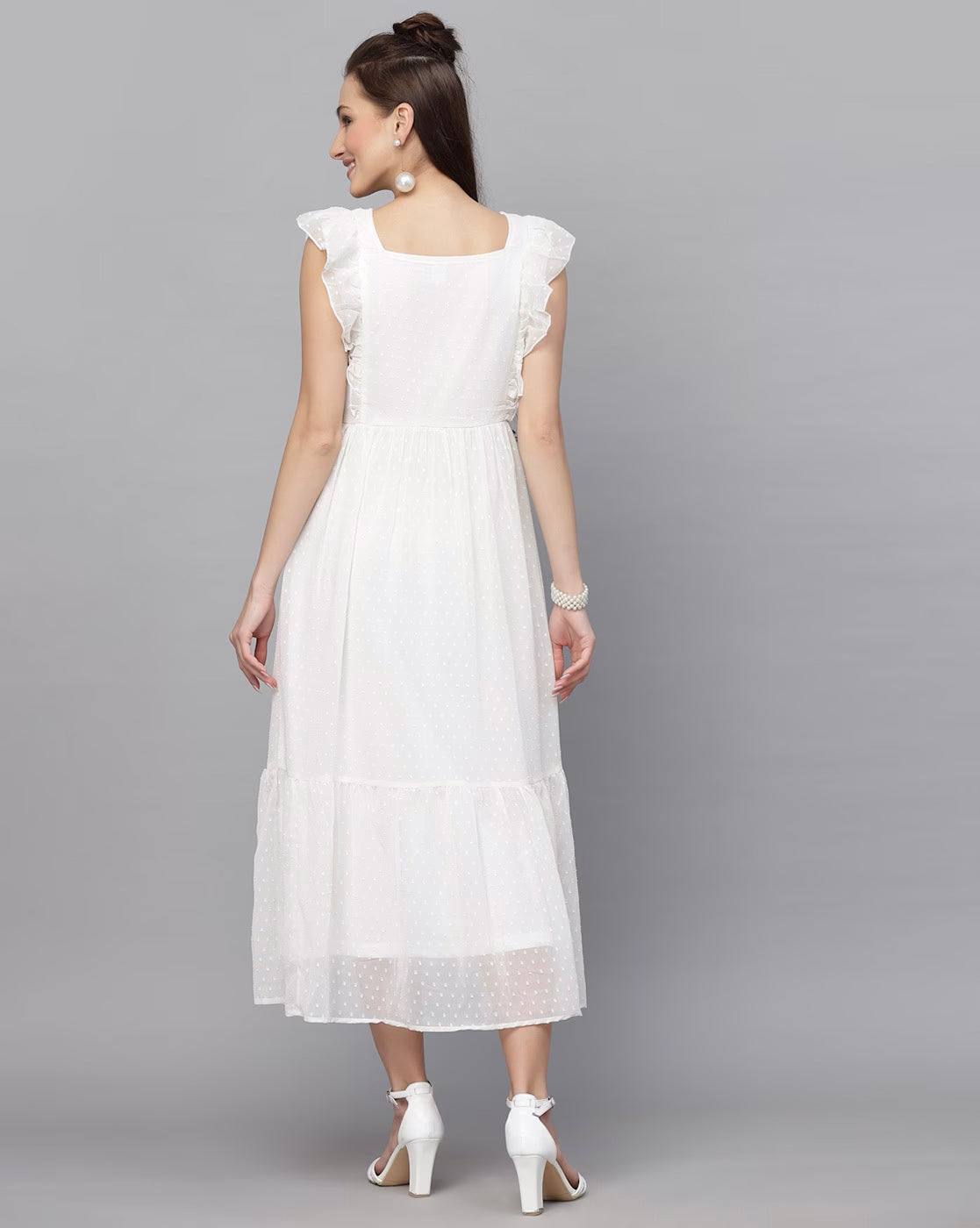 Georgette Butti Square Neck Stylish Knee Length Western Dresses for Women (White)