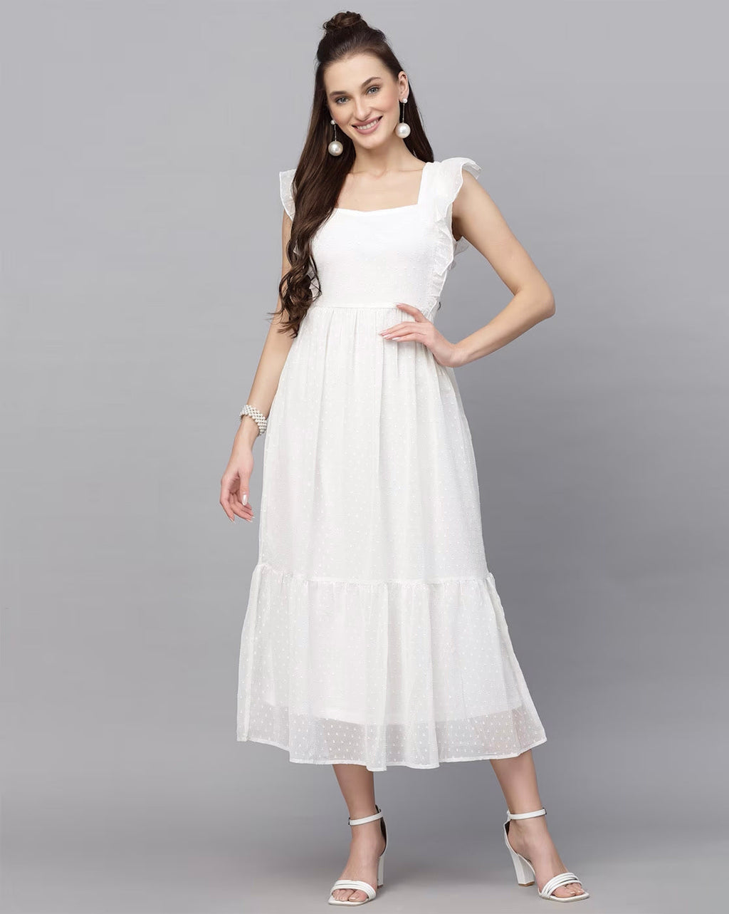 Georgette Butti Square Neck Stylish Knee Length Western Dresses for Women (White)