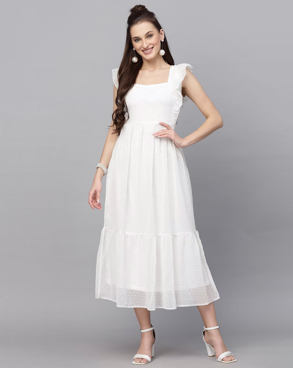 Georgette Butti Square Neck Stylish Knee Length Western Dresses for Women (White)