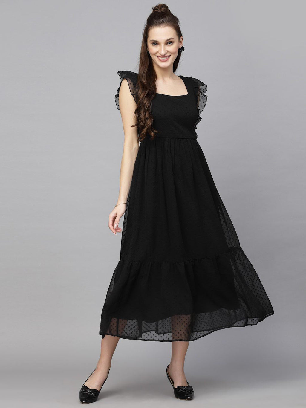 Georgette Butti Square Neck Stylish Knee Length Western Dresses for Women (Black)