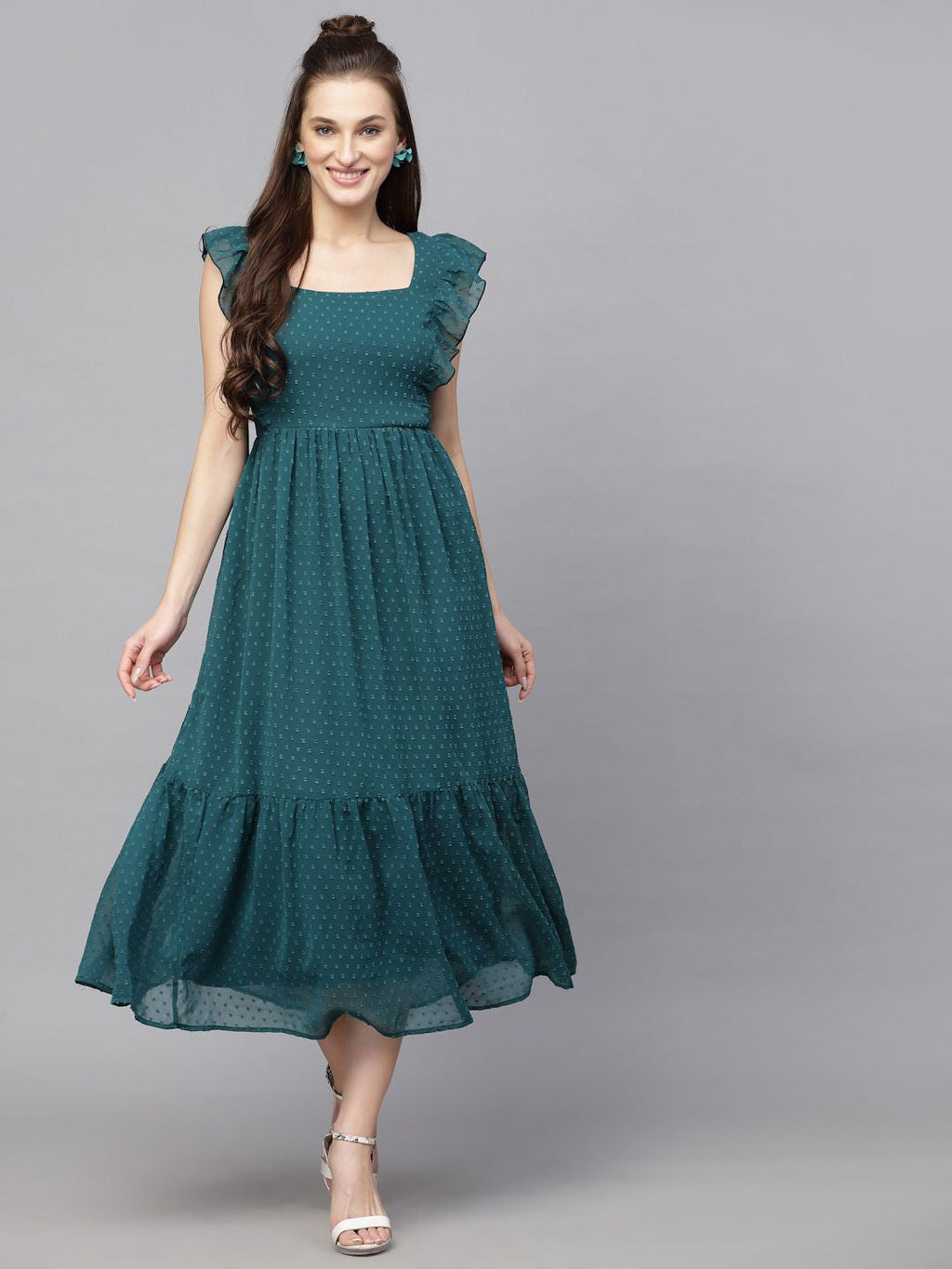 Georgette Butti Square Neck Stylish Knee Length Western Dresses for Women (Green)
