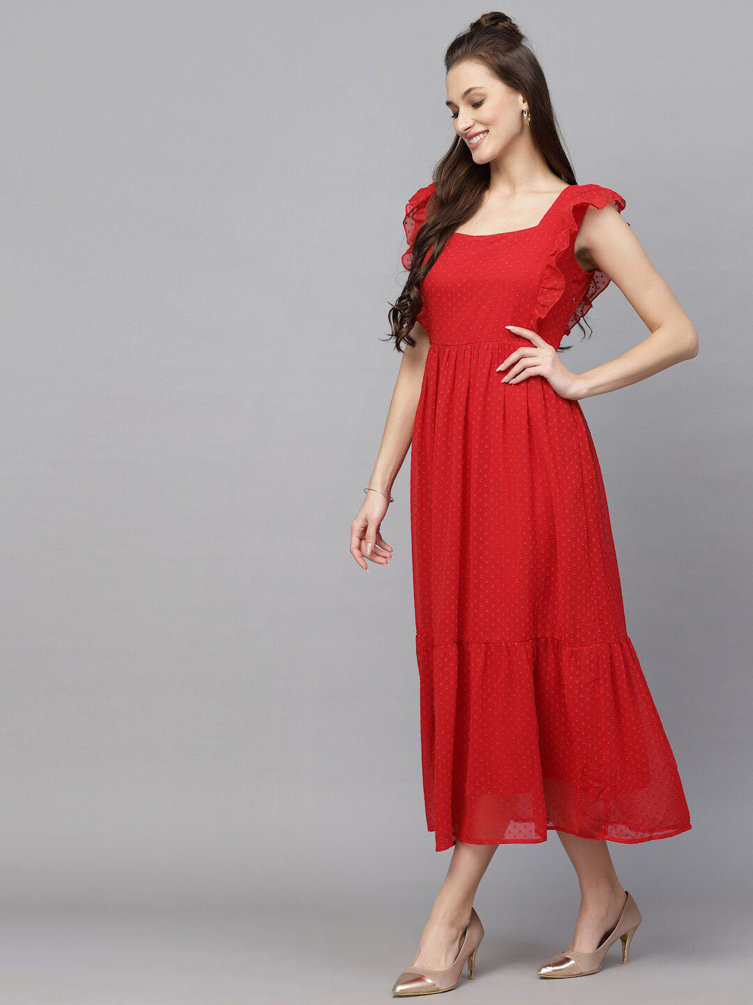 Georgette Butti Square Neck Stylish Knee Length Western Dresses for Women (Red)