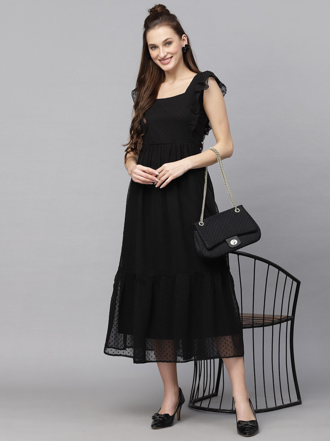 Georgette Butti Square Neck Stylish Knee Length Western Dresses for Women (Black)
