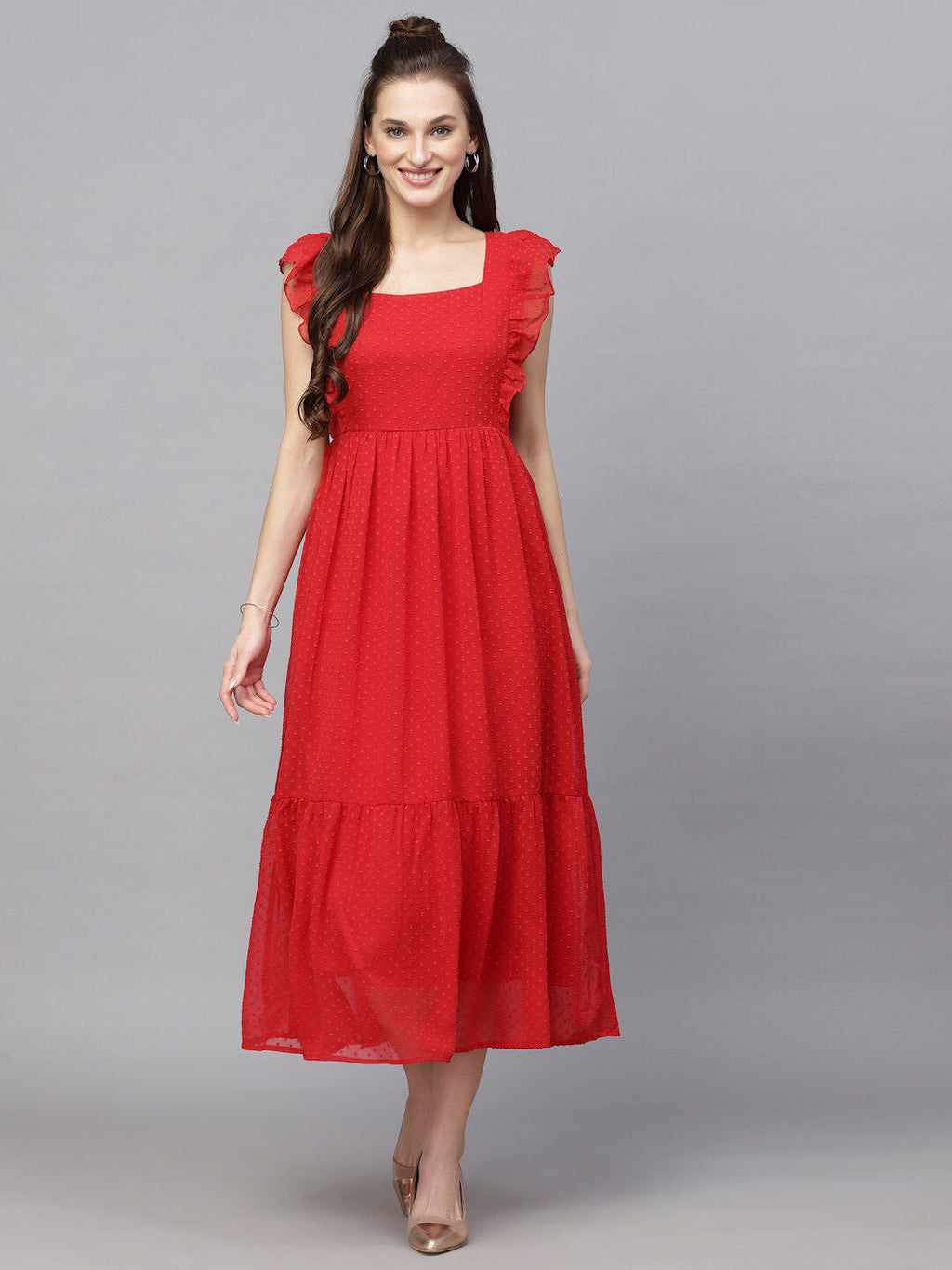Georgette Butti Square Neck Stylish Knee Length Western Dresses for Women (Red)