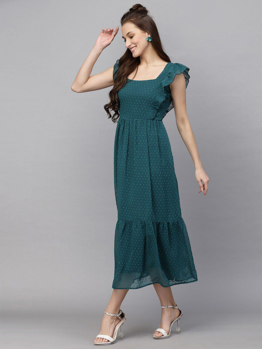 Georgette Butti Square Neck Stylish Knee Length Western Dresses for Women (Green)