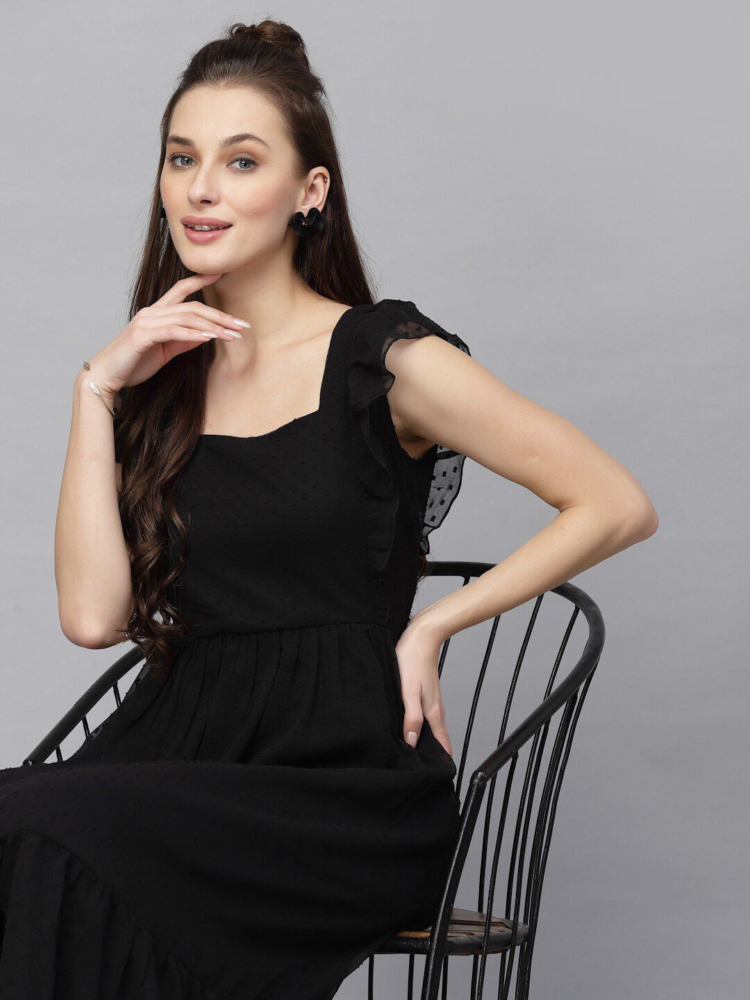 Georgette Butti Square Neck Stylish Knee Length Western Dresses for Women (Black)