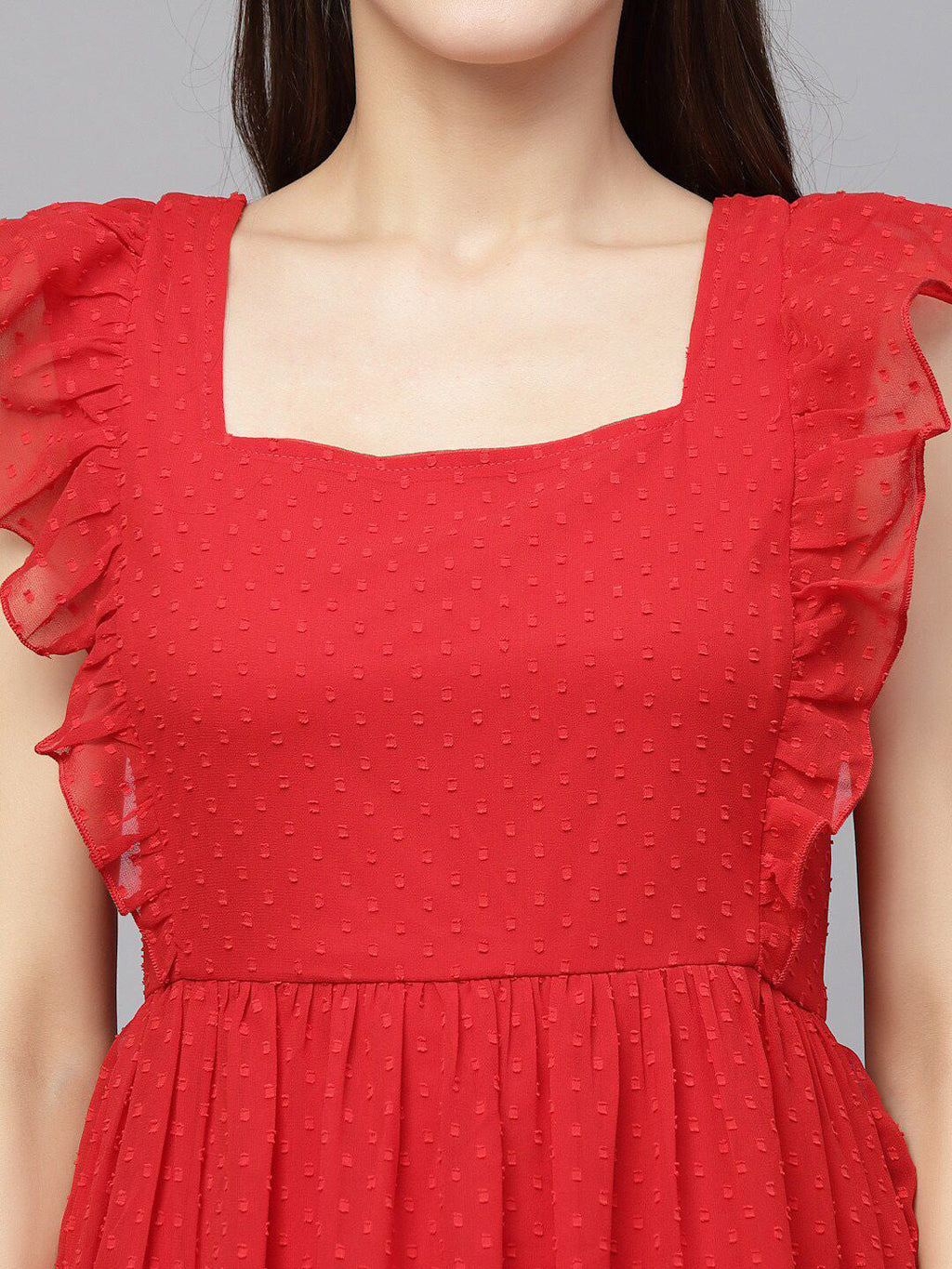 Georgette Butti Square Neck Stylish Knee Length Western Dresses for Women (Red)