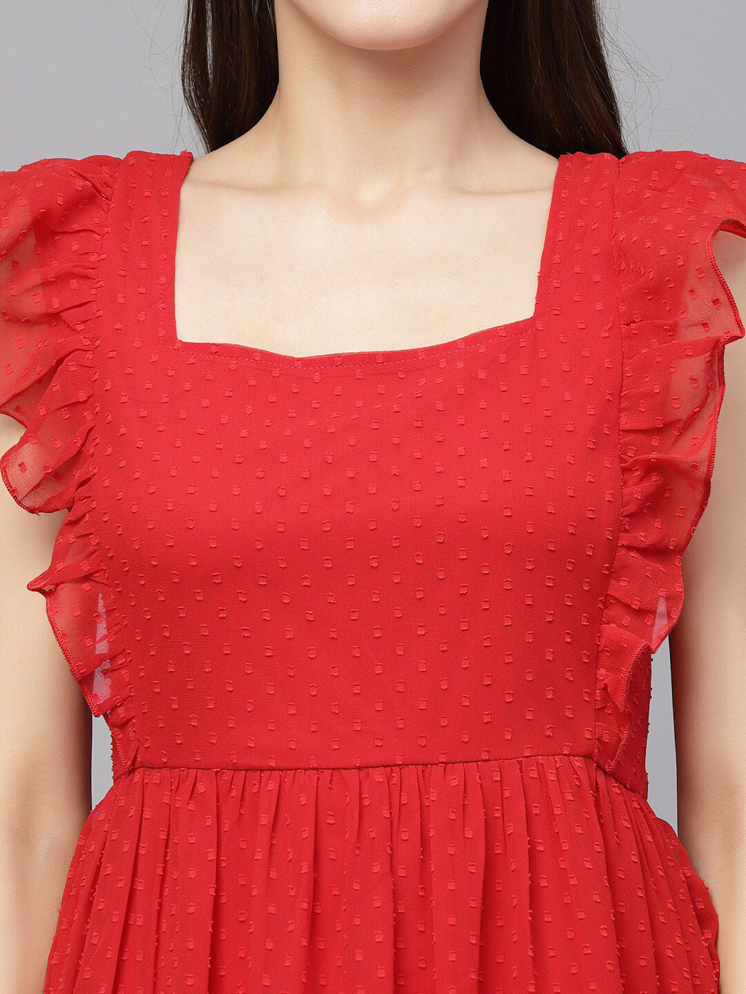 Georgette Butti Square Neck Stylish Knee Length Western Dresses for Women (Red)
