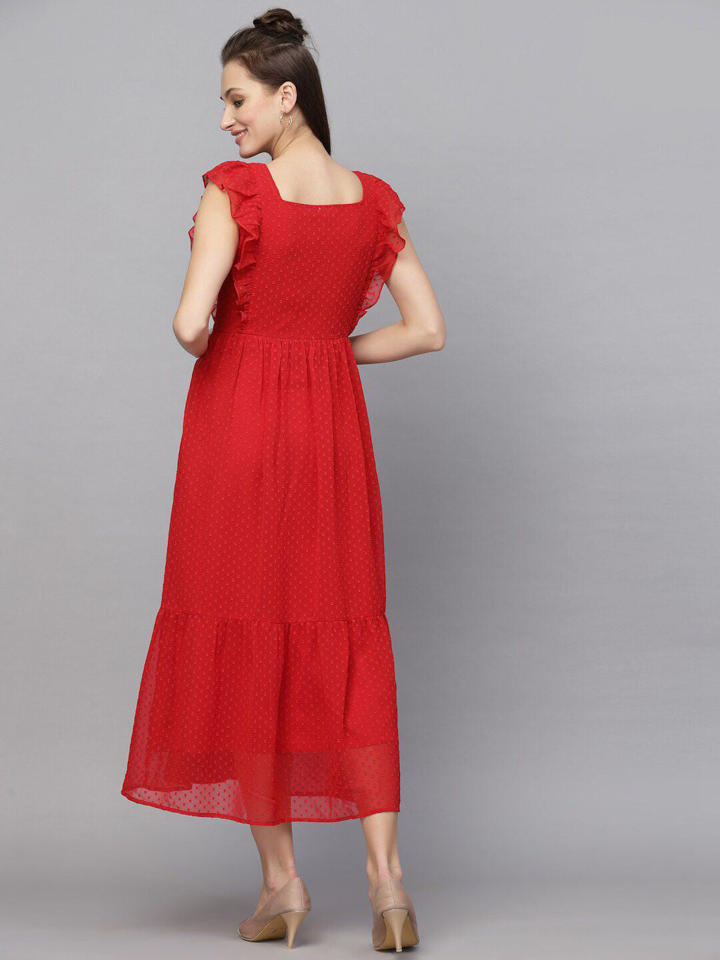 Georgette Butti Square Neck Stylish Knee Length Western Dresses for Women (Red)