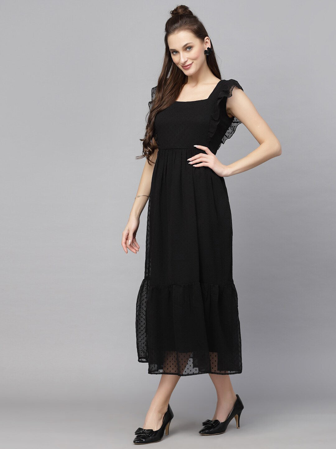 Georgette Butti Square Neck Stylish Knee Length Western Dresses for Women (Black)