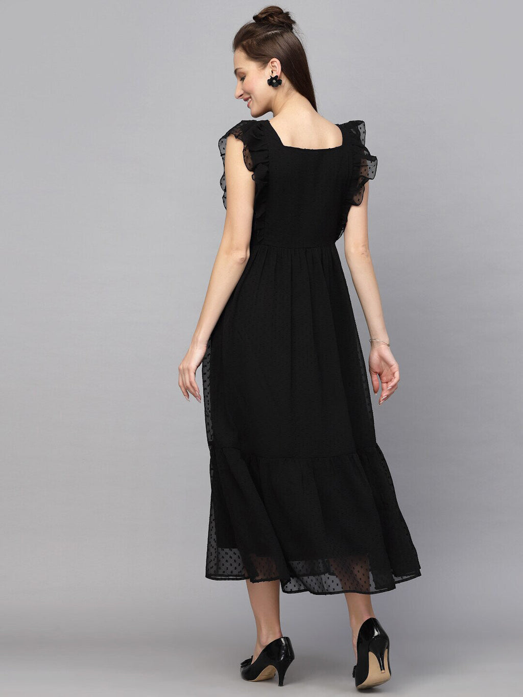 Georgette Butti Square Neck Stylish Knee Length Western Dresses for Women (Black)