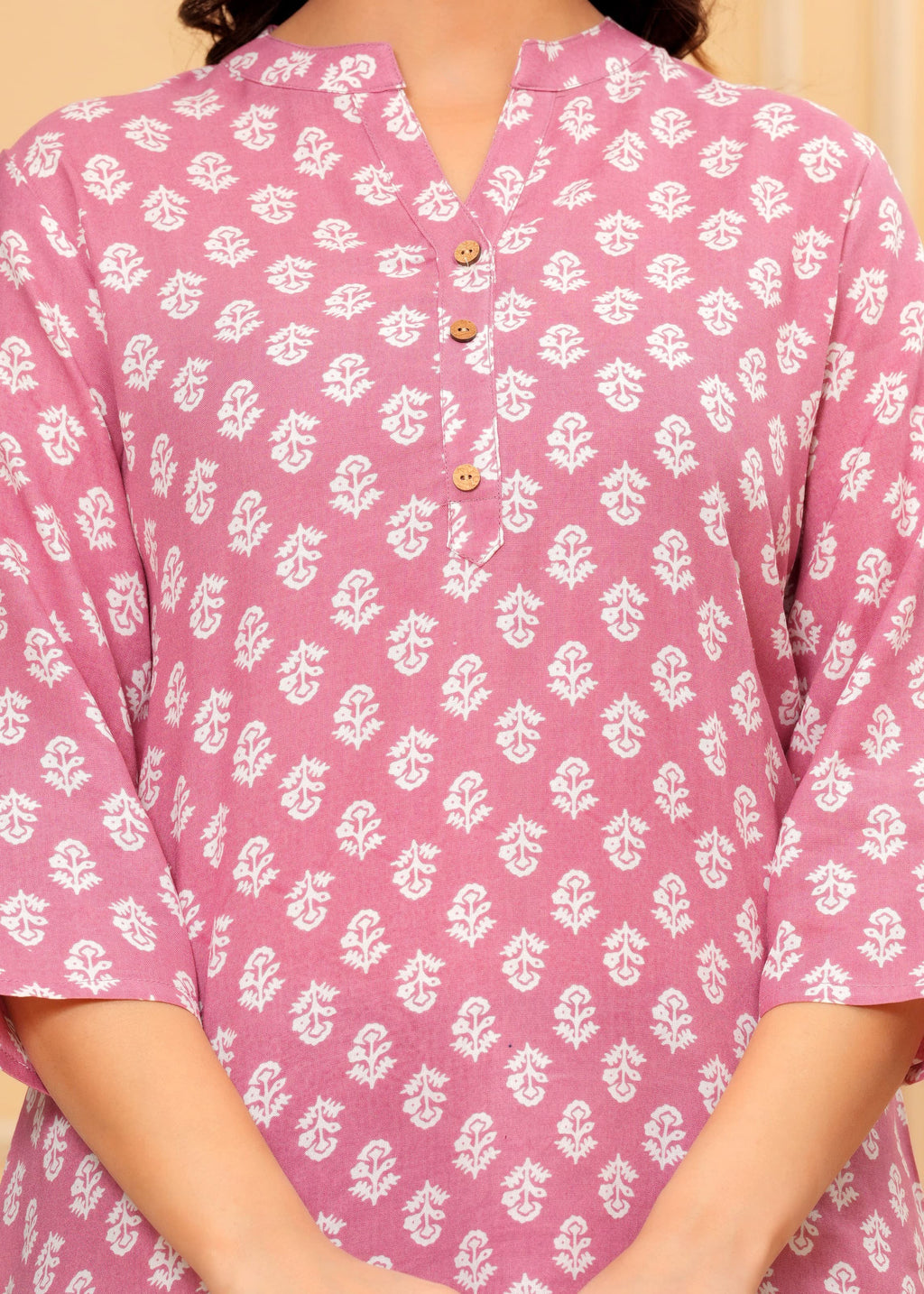 MANITRA Pink Floral Printed Short Style Kurti Women's Block Print Tunic Top