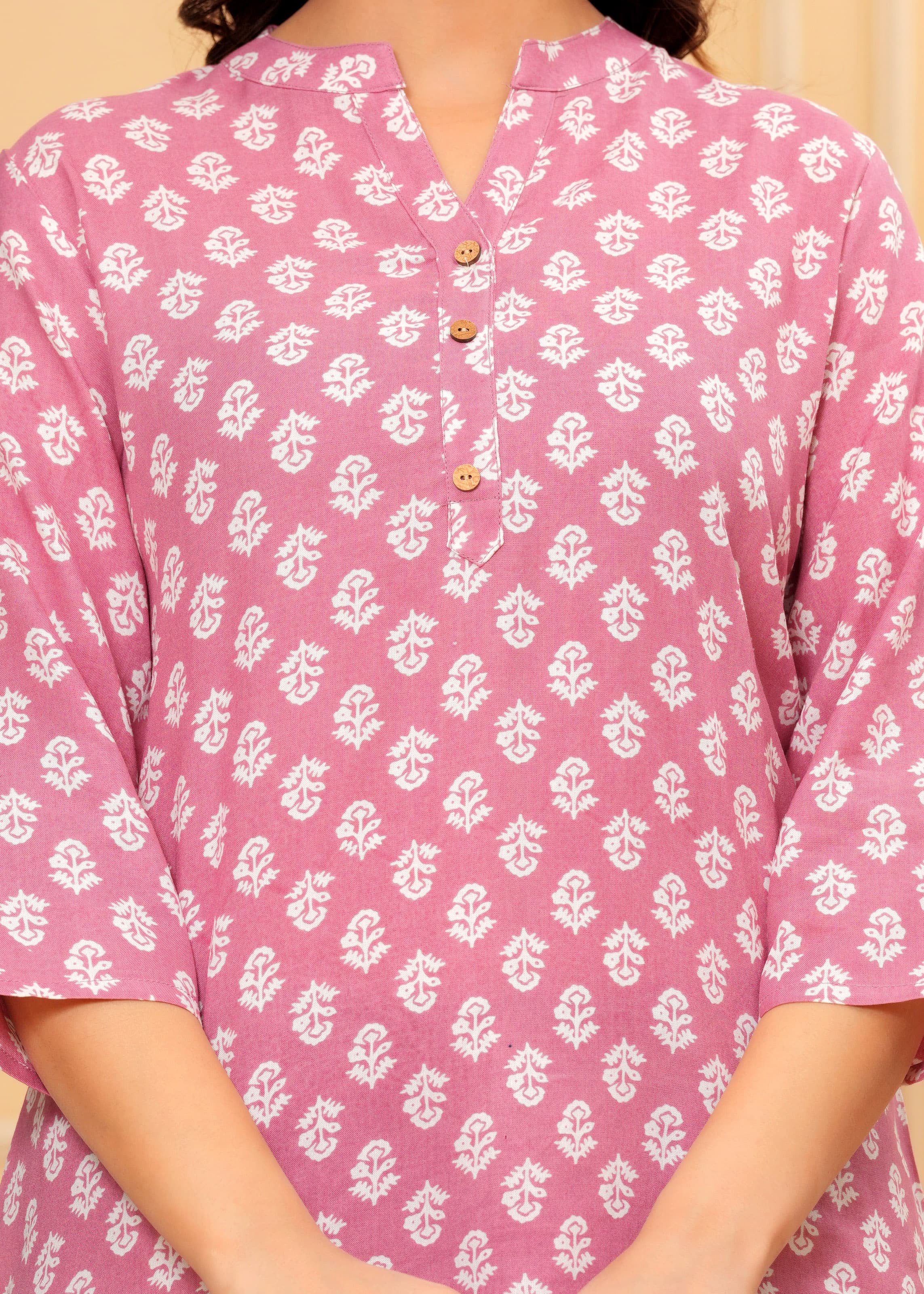 MANITRA Pink Floral Printed Short Style Kurti Women's Block Print Tunic Top