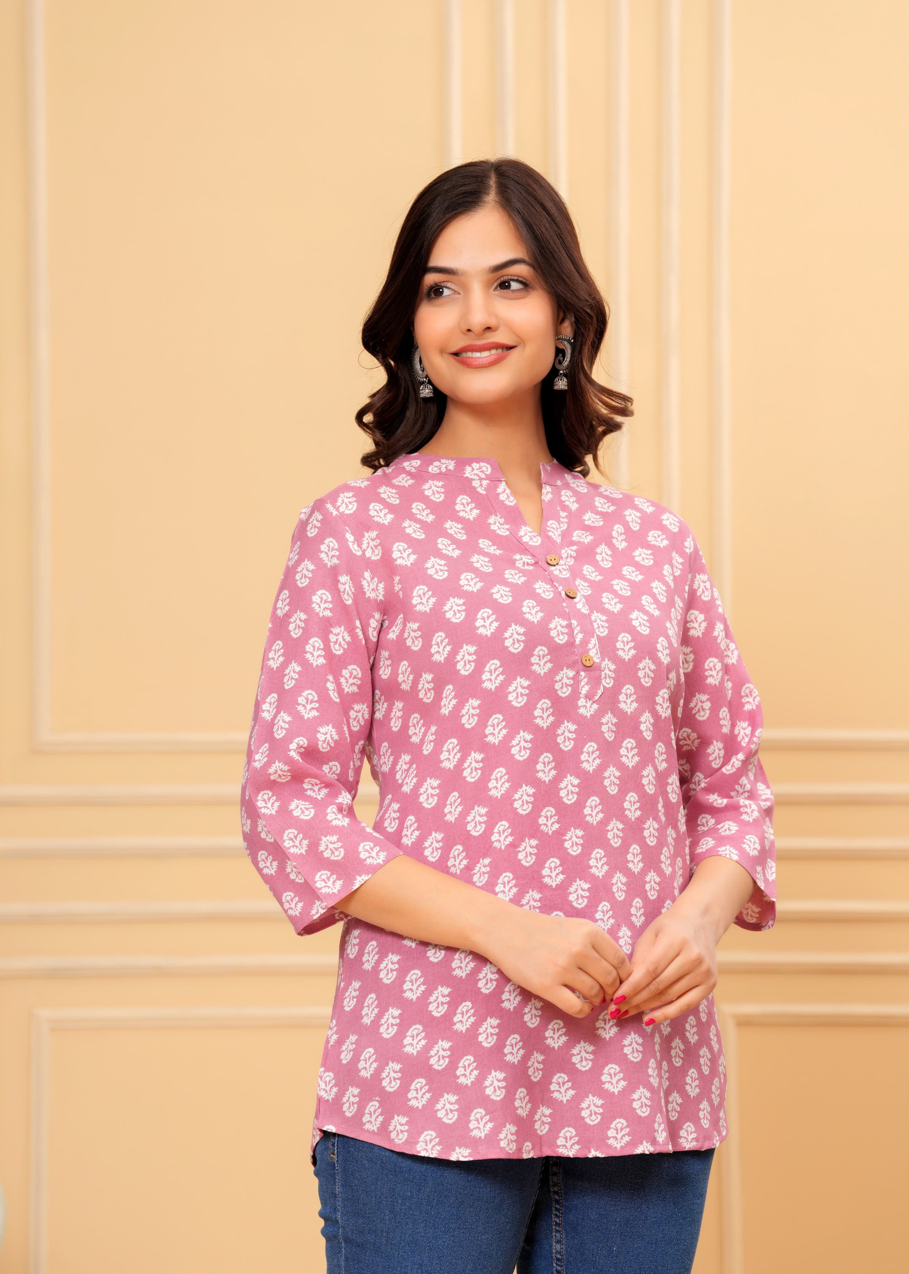 MANITRA Pink Floral Printed Short Style Kurti Women's Block Print Tunic Top