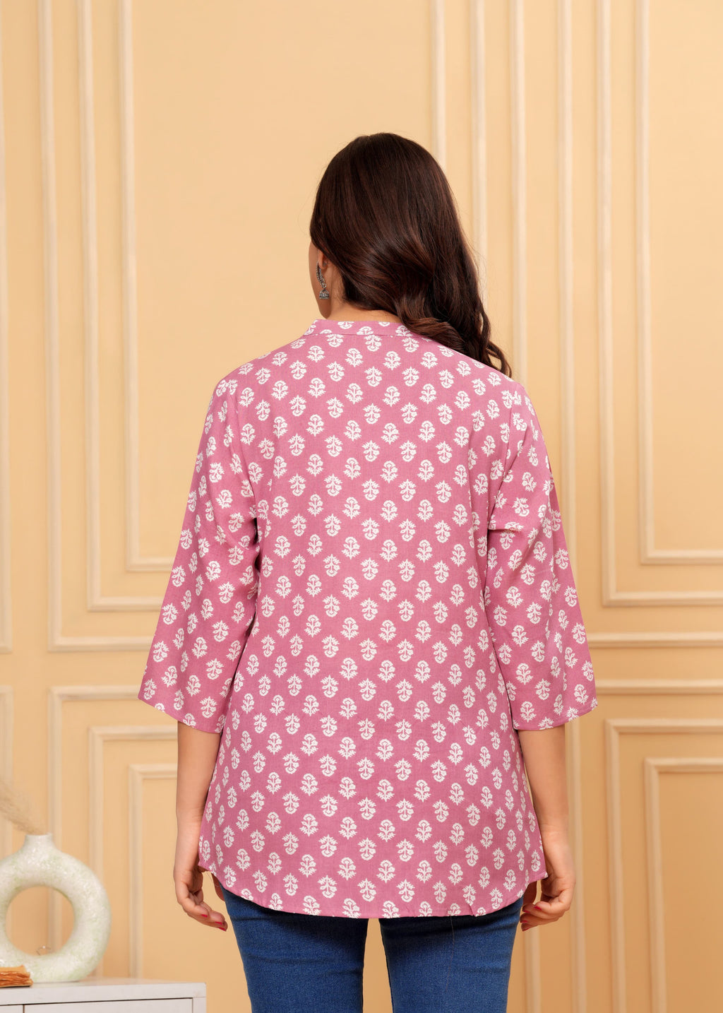 MANITRA Pink Floral Printed Short Style Kurti Women's Block Print Tunic Top