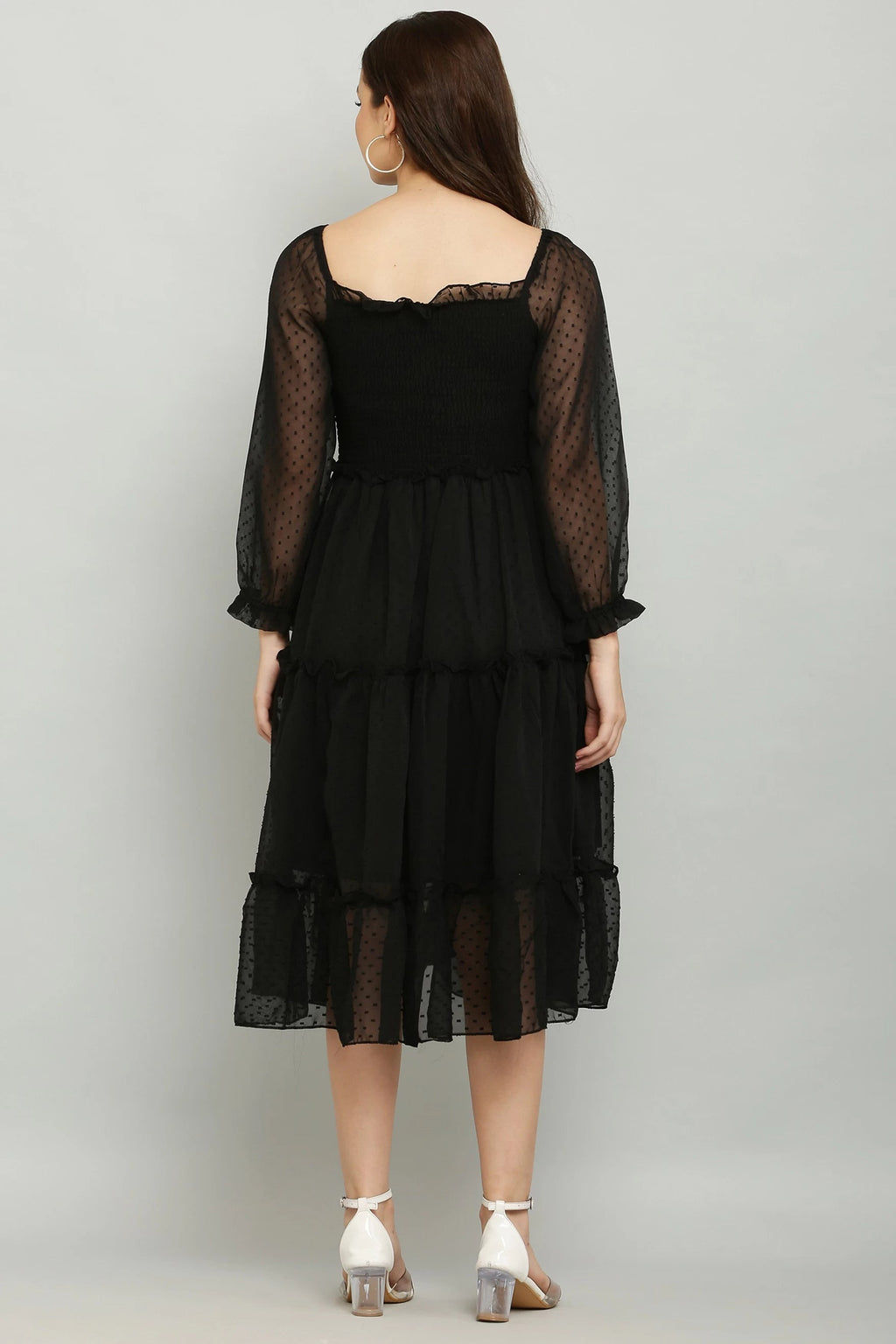 Women's Elegant Georgette Midi Dress - Chic & Comfortable (Black)