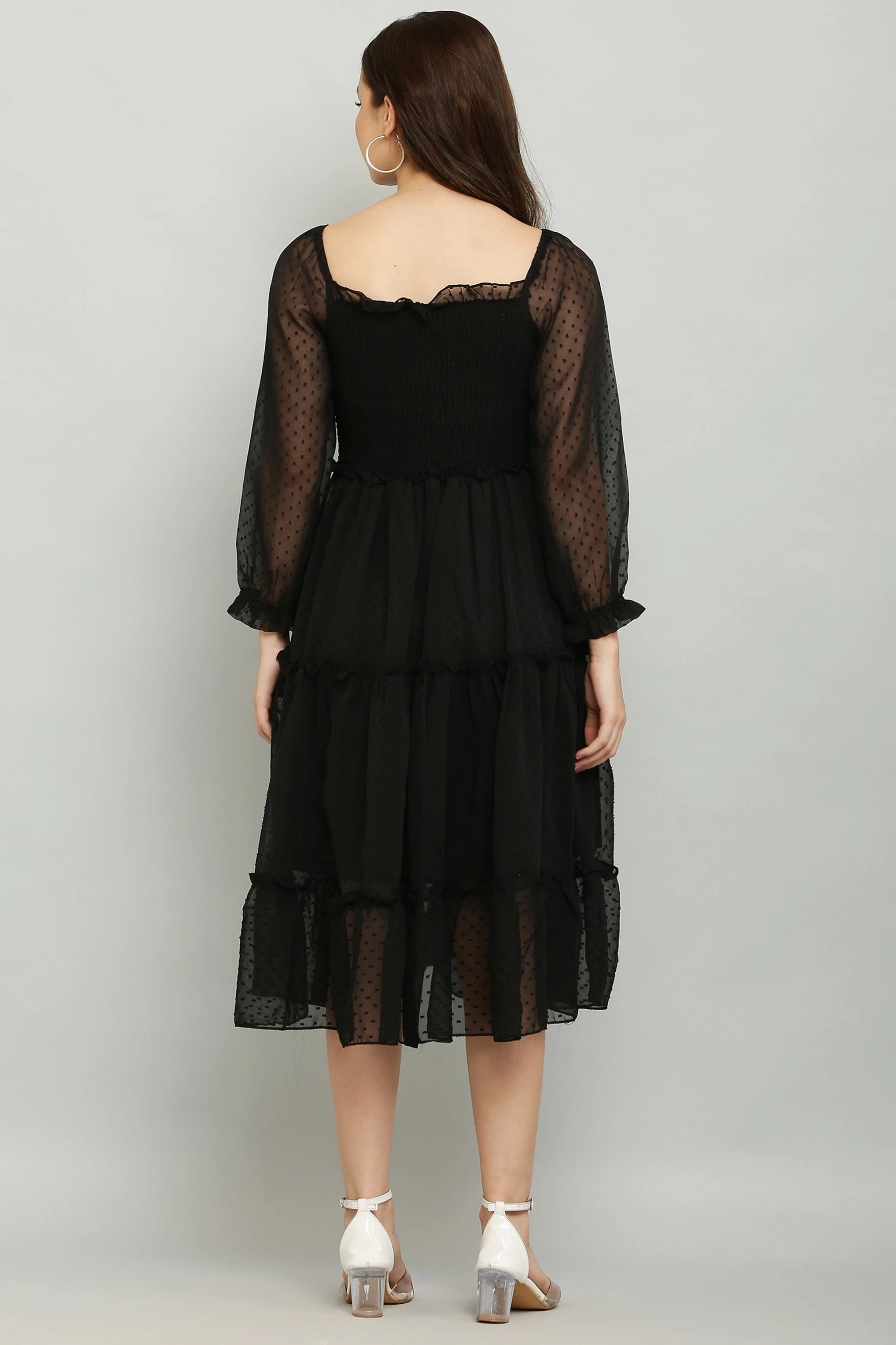 Women's Elegant Georgette Midi Dress - Chic & Comfortable (Black)