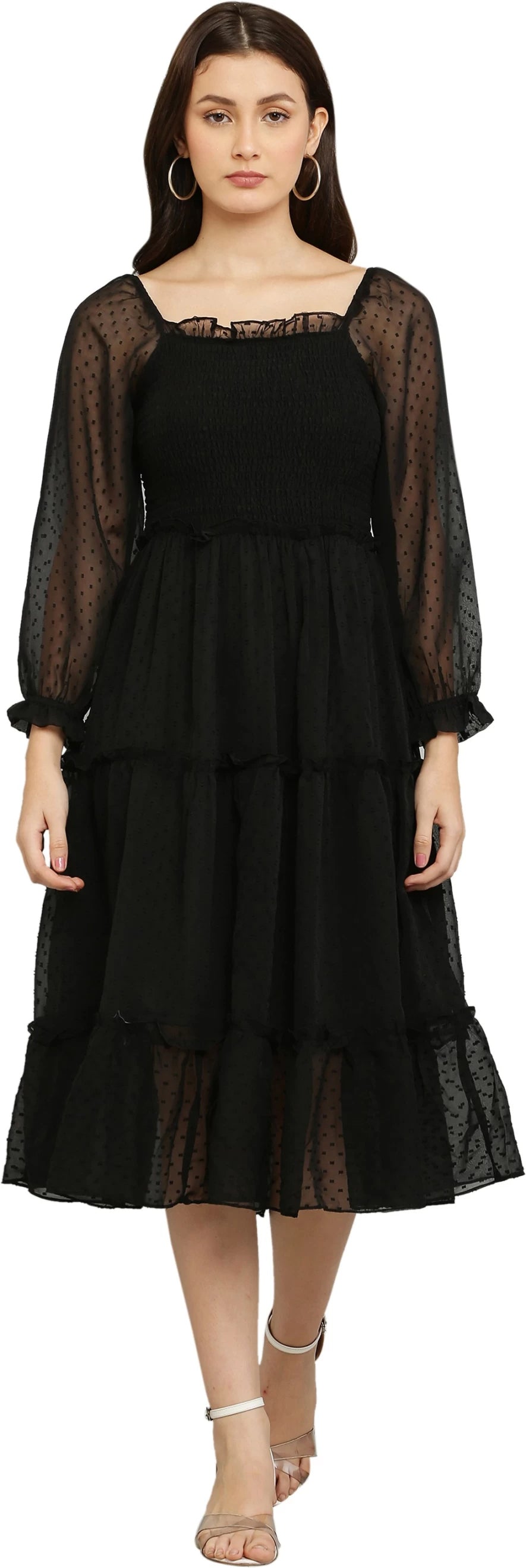 Women's Elegant Georgette Midi Dress - Chic & Comfortable (Black)
